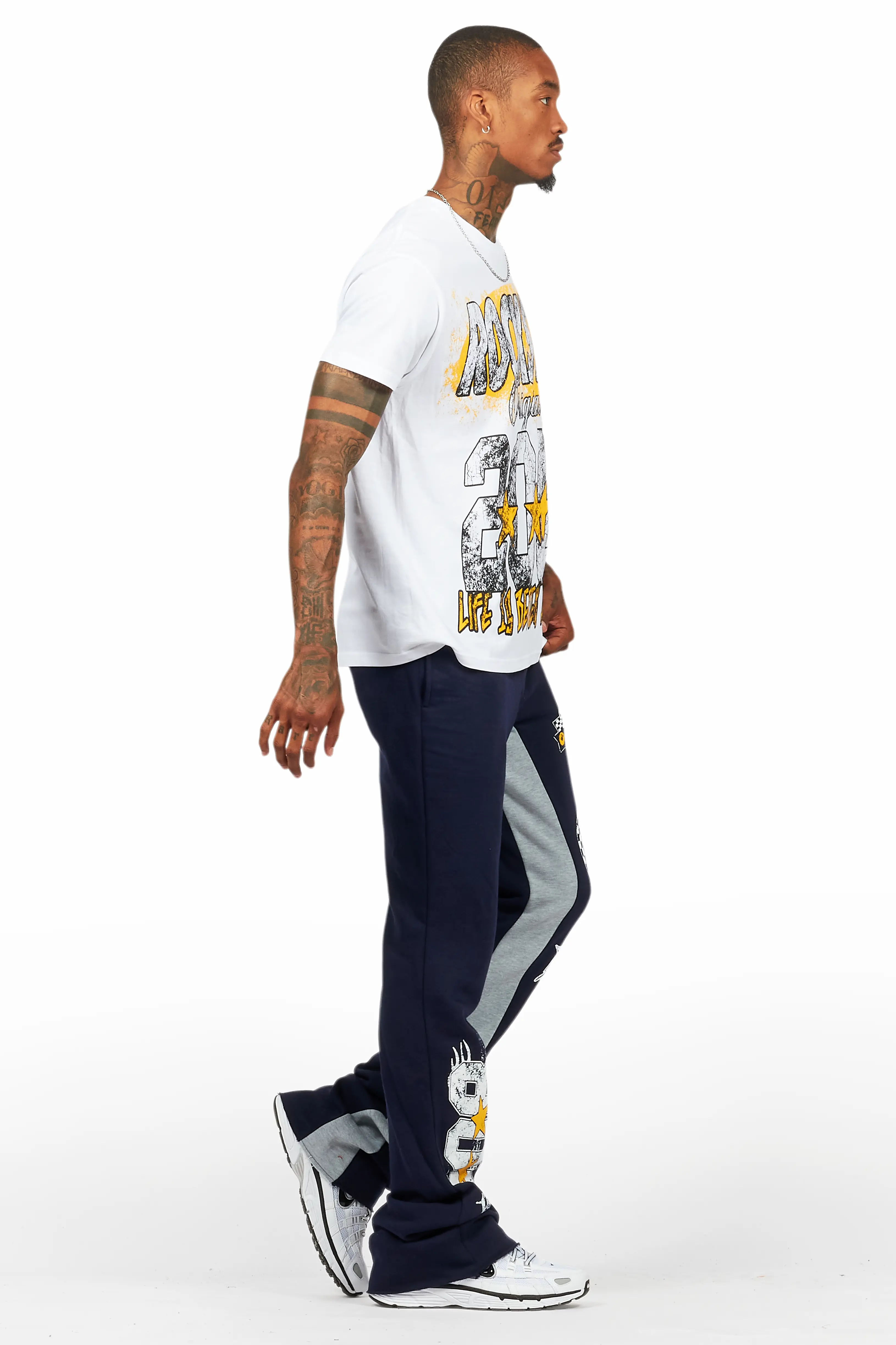 Racing Grung White/Navy T-Shirt/Stacked Baggy Track Pant Set - Image 3