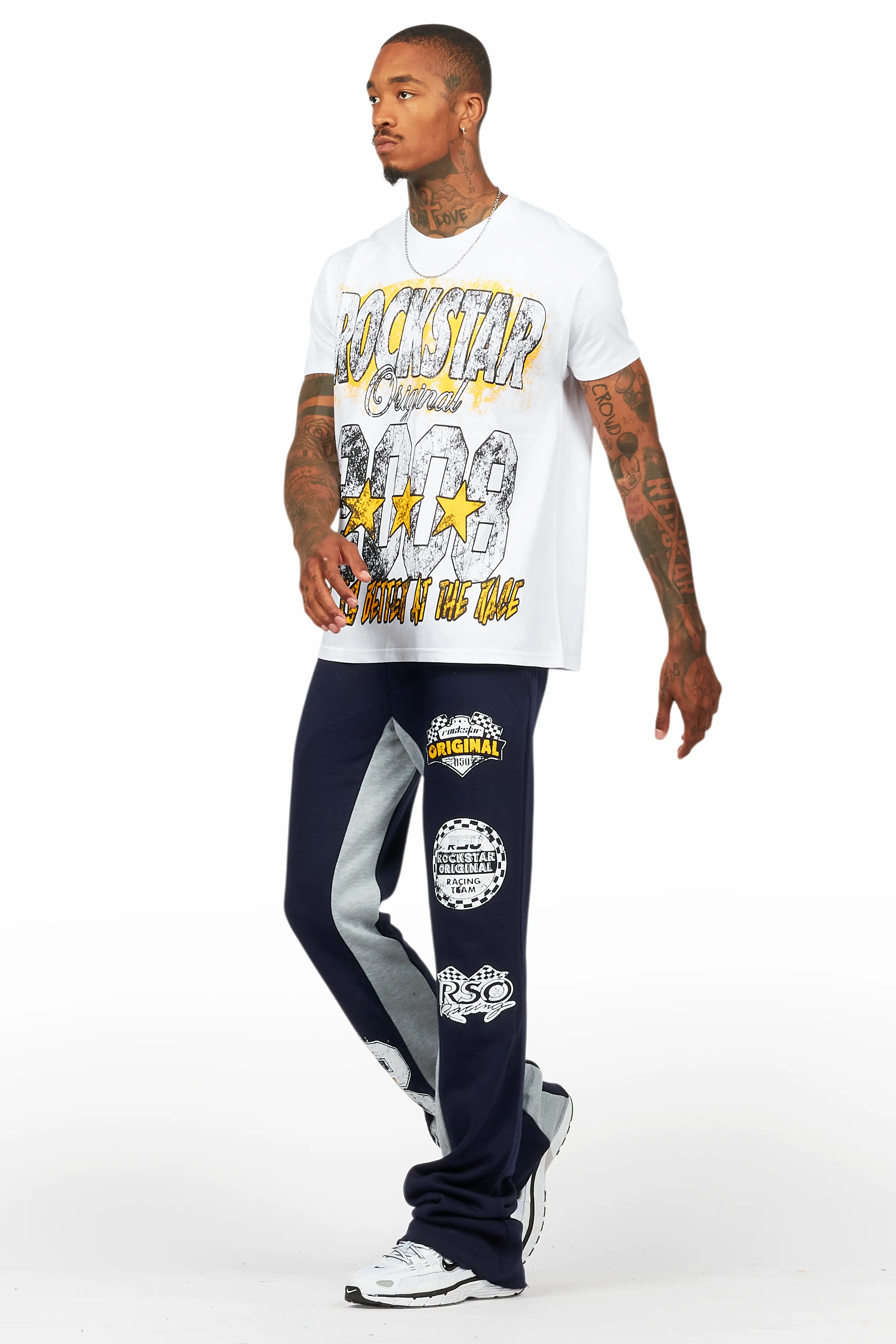 Racing Grung White/Navy T-Shirt/Stacked Baggy Track Pant Set - Image 5