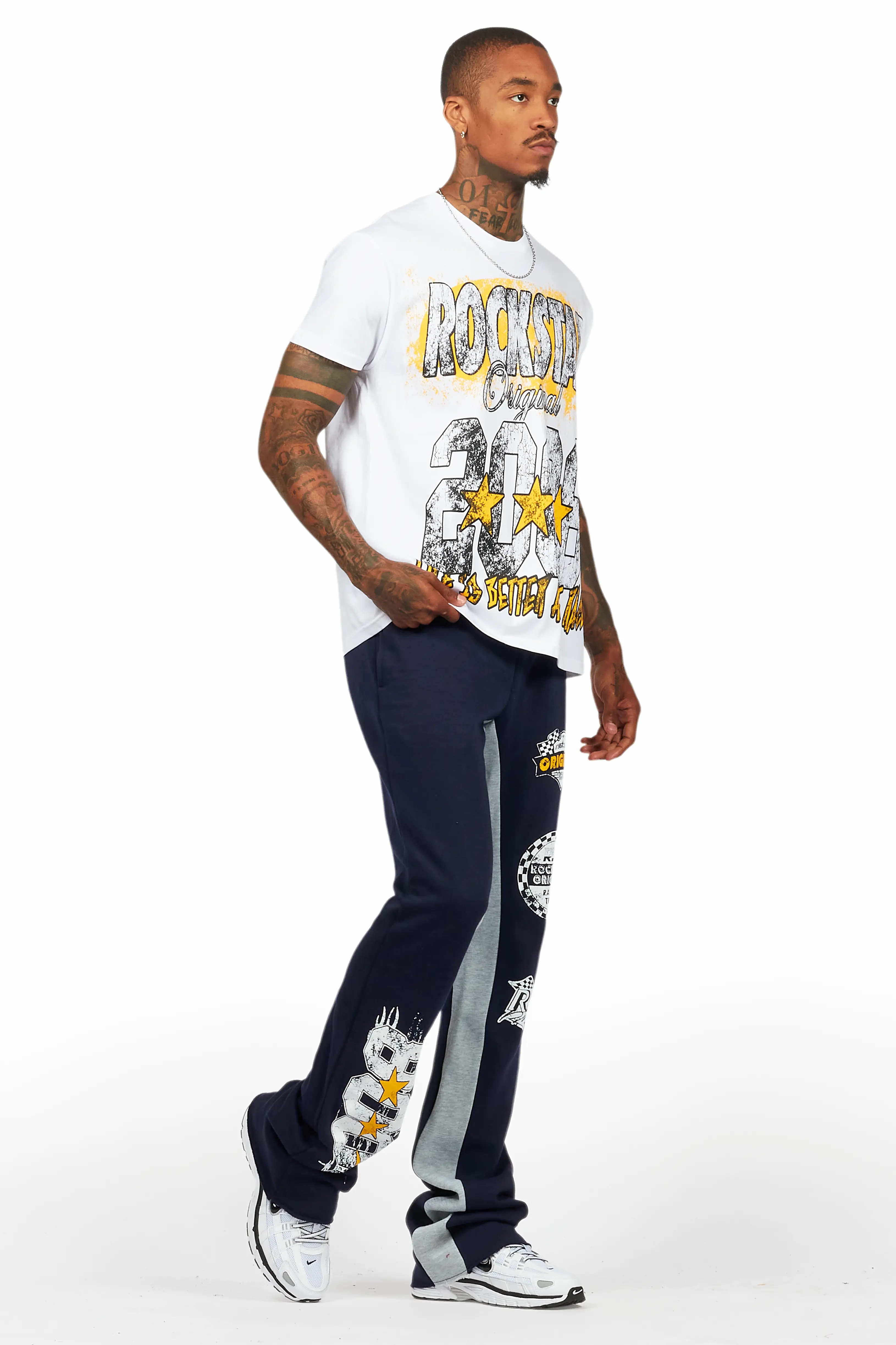 Racing Grung White/Navy T-Shirt/Stacked Baggy Track Pant Set - Image 6