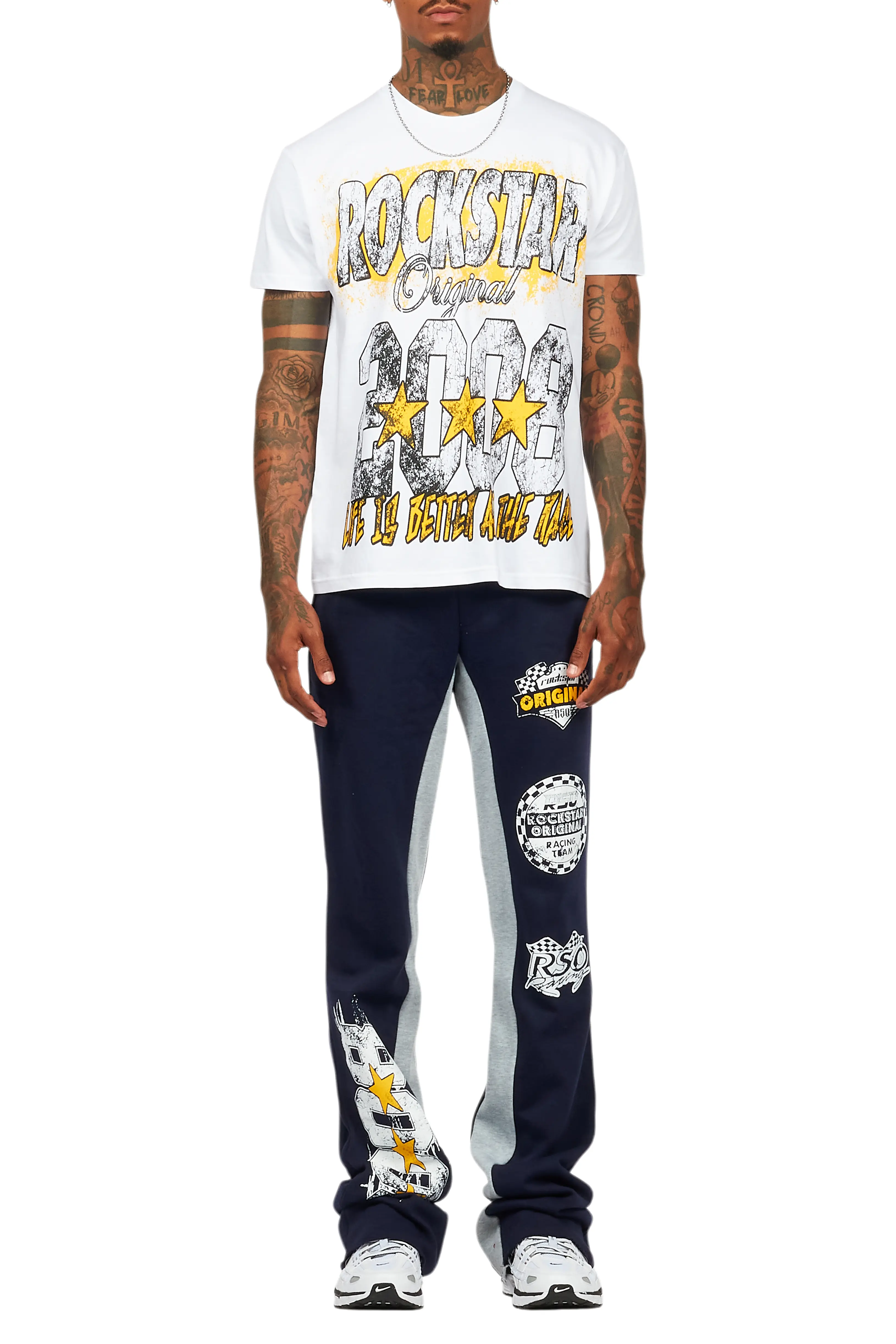 Racing Grung White/Navy T-Shirt/Stacked Baggy Track Pant Set - Image 9