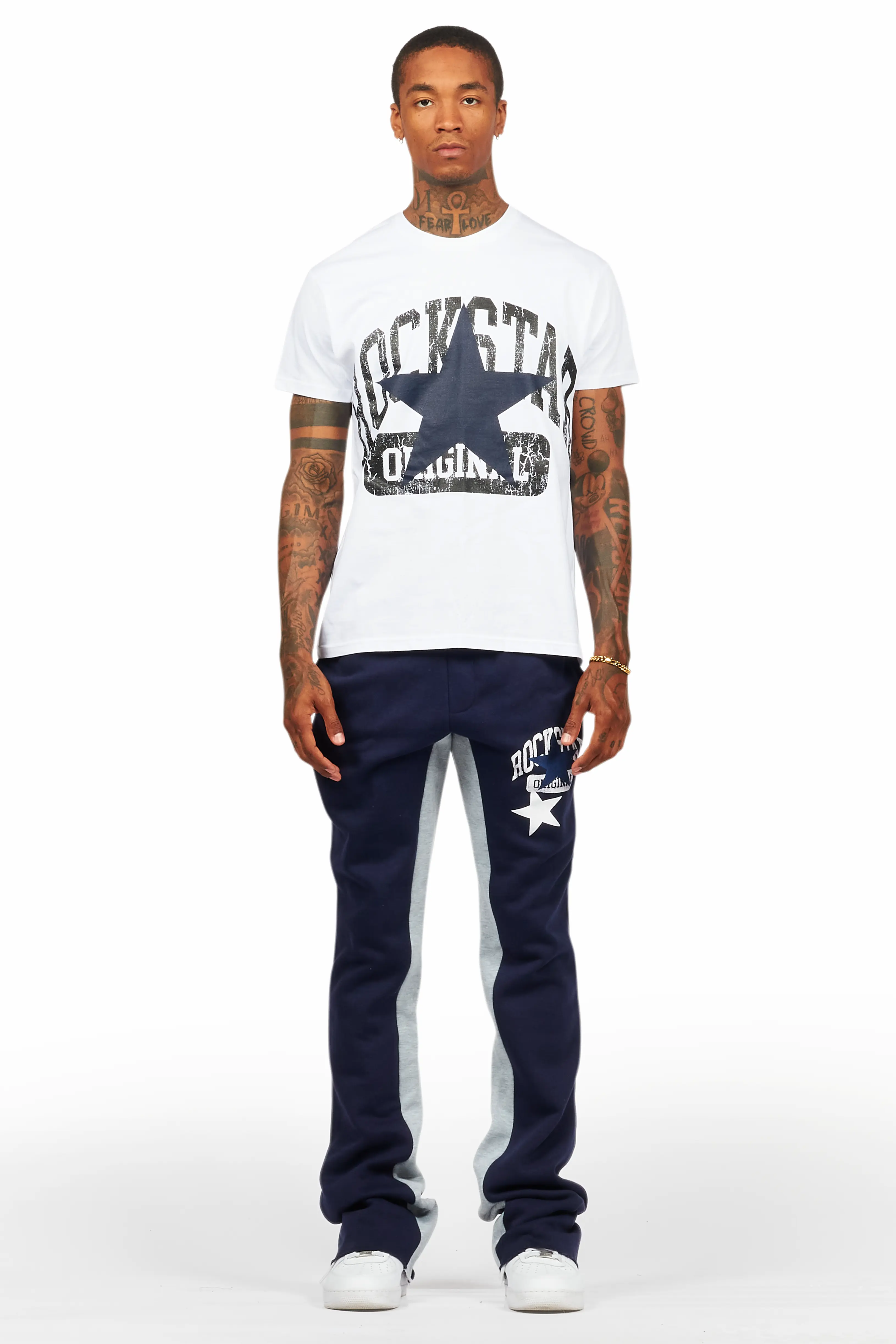 Mallor White/Navy T-Shirt/Stacked Baggy Track Pant Set - Image 2