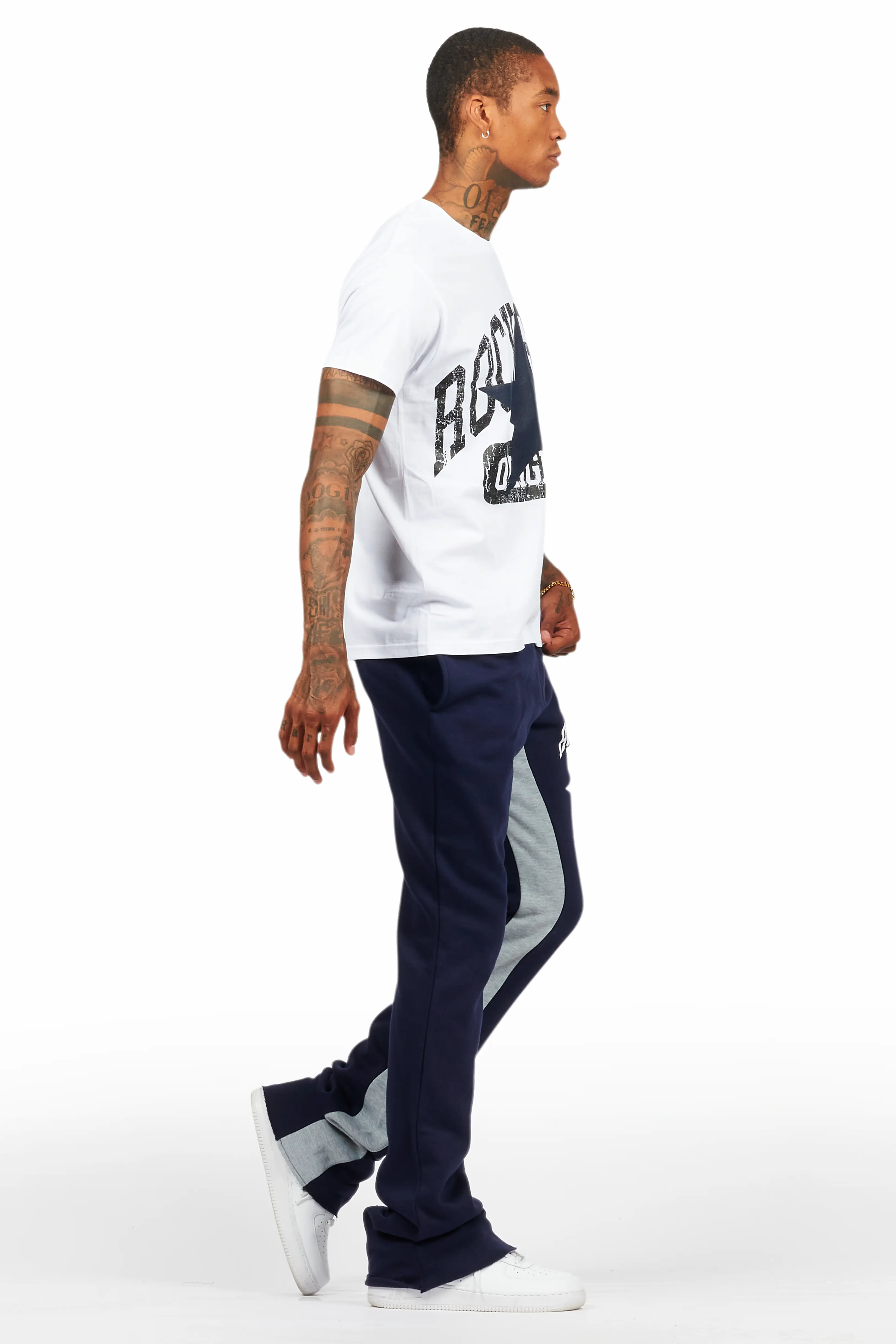 Mallor White/Navy T-Shirt/Stacked Baggy Track Pant Set - Image 3