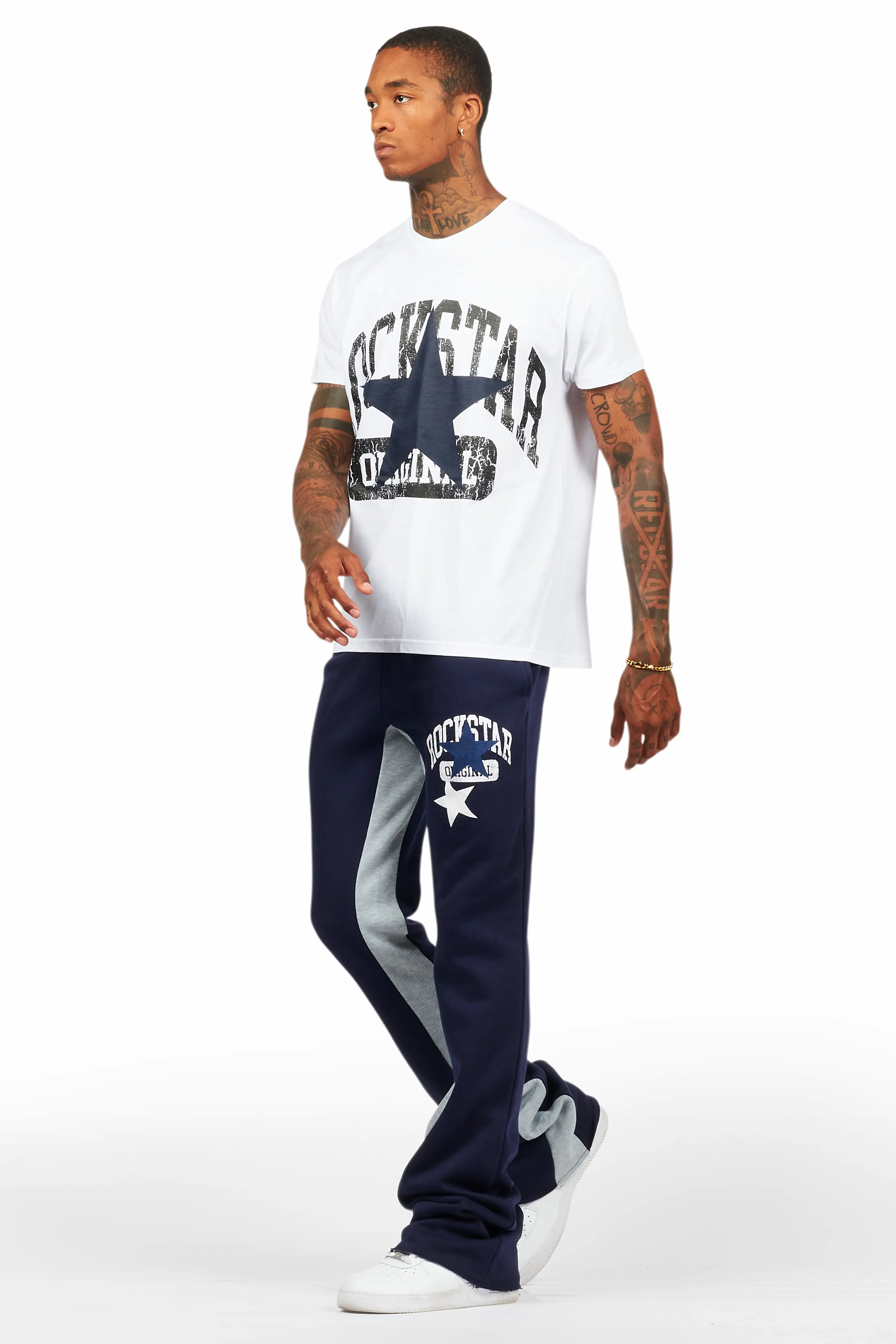 Mallor White/Navy T-Shirt/Stacked Baggy Track Pant Set - Image 5