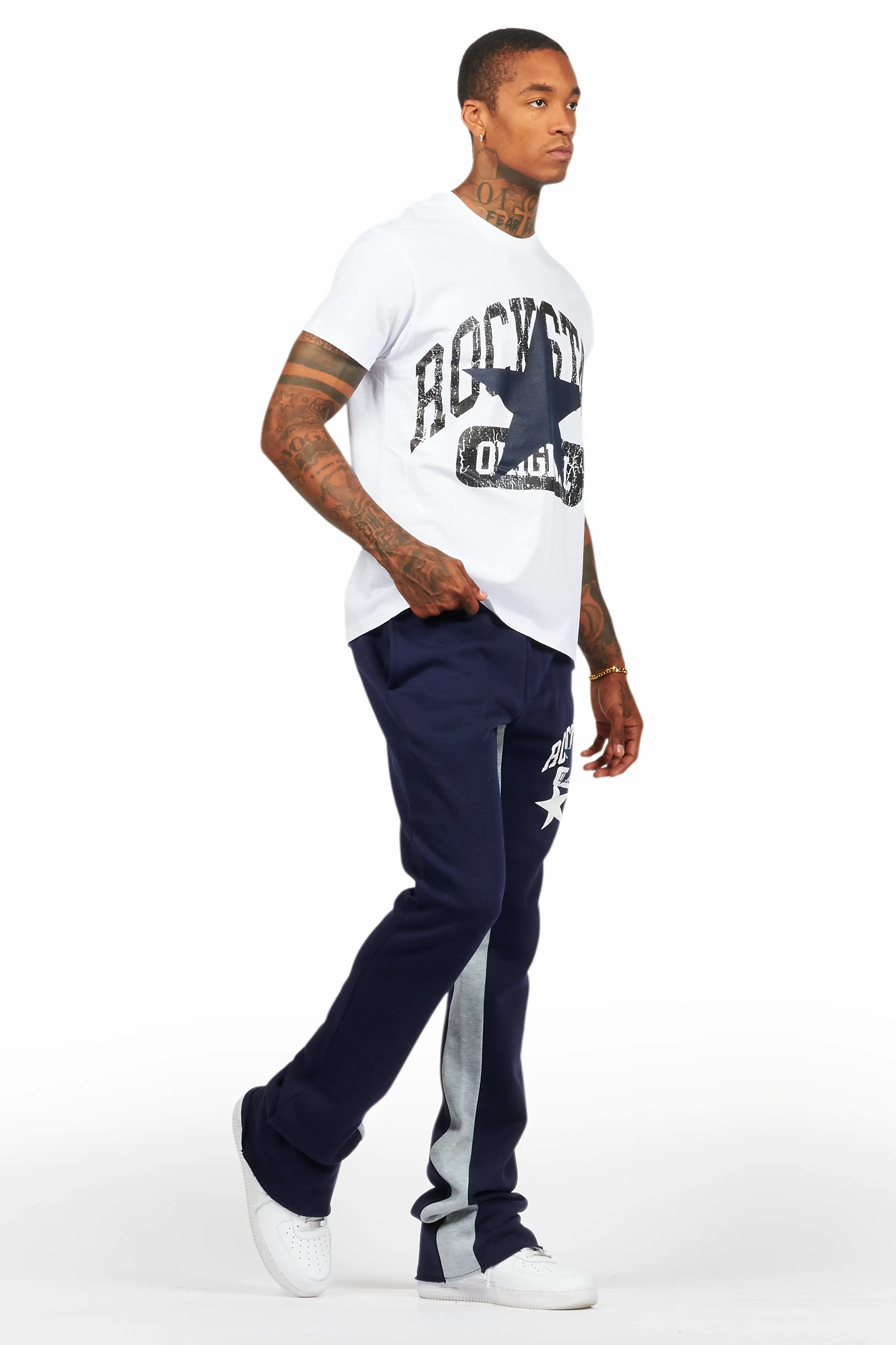 Mallor White/Navy T-Shirt/Stacked Baggy Track Pant Set - Image 6