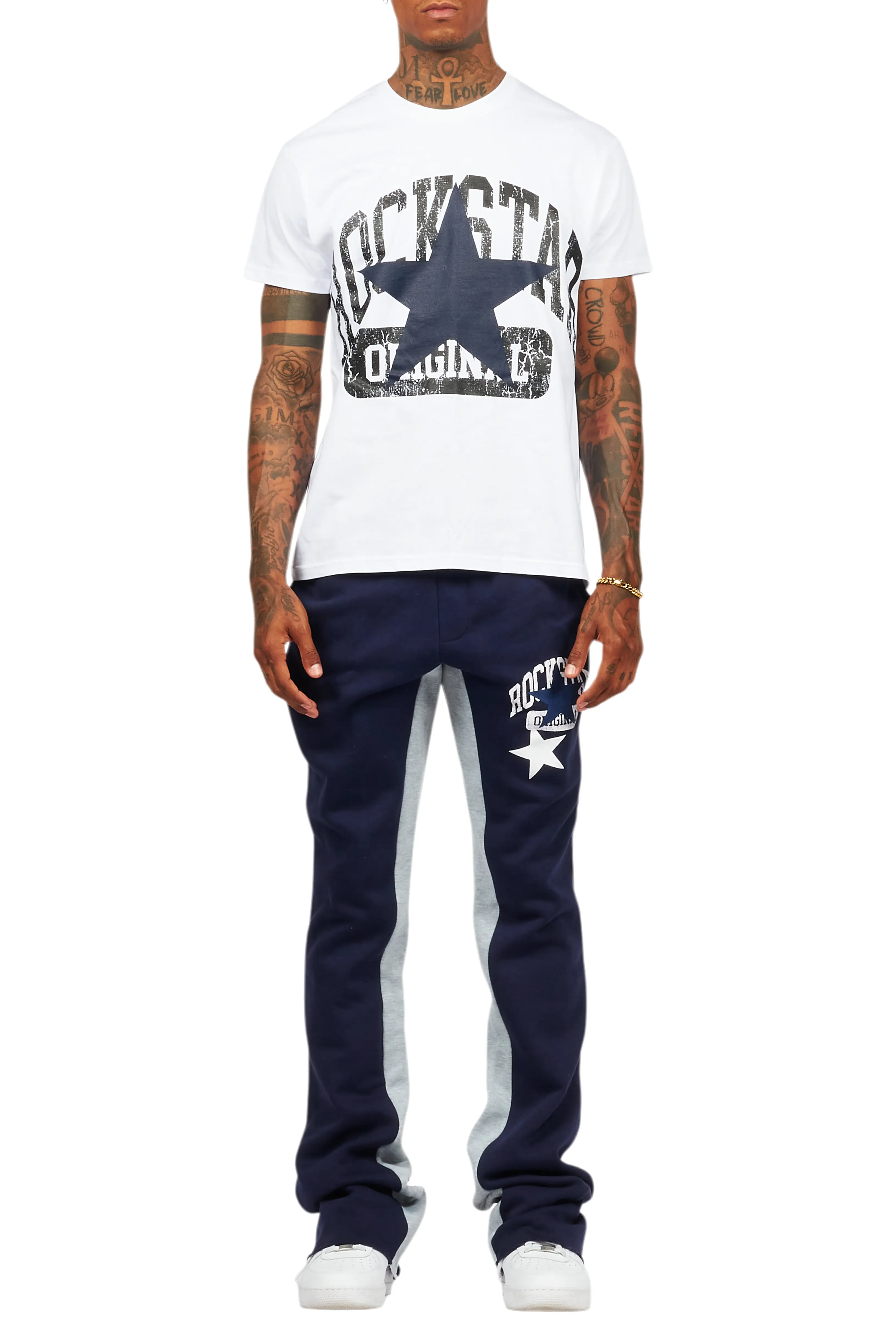 Mallor White/Navy T-Shirt/Stacked Baggy Track Pant Set - Image 9