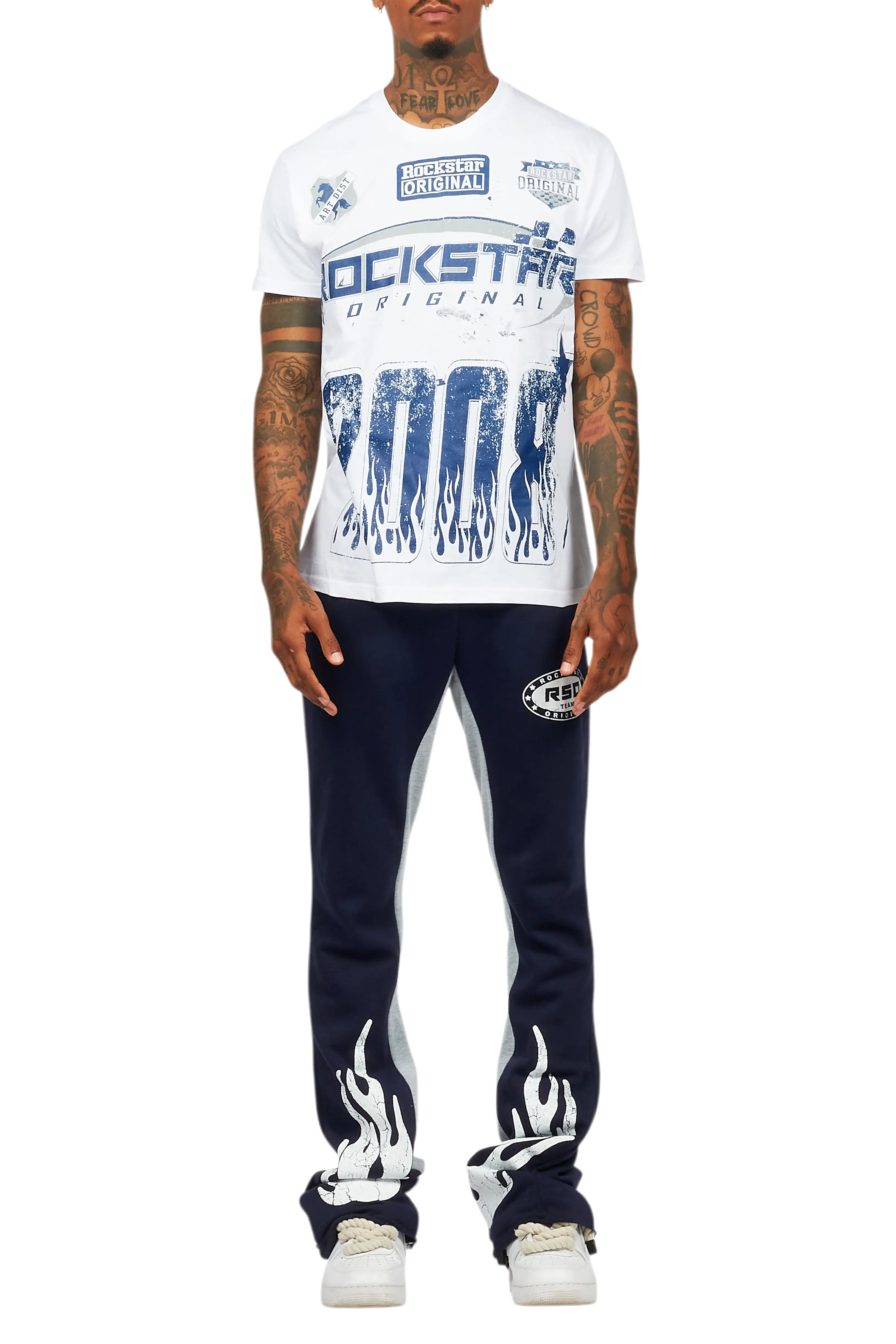 Amos White/Navy T-Shirt/Stacked Baggy Track Pant Set - Image 9