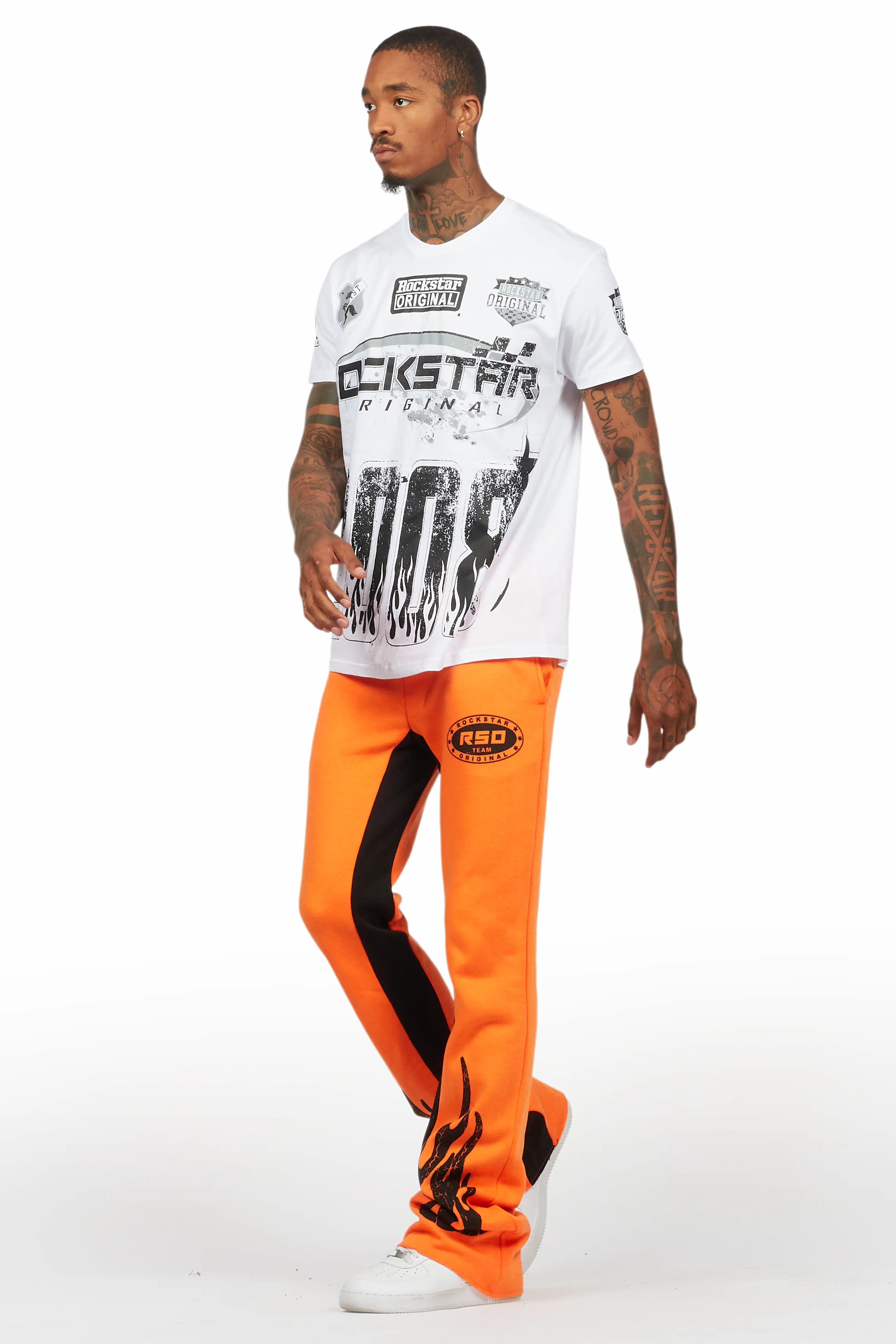 Amos White/Orange T-Shirt/Stacked Baggy Track Pant Set - Image 5