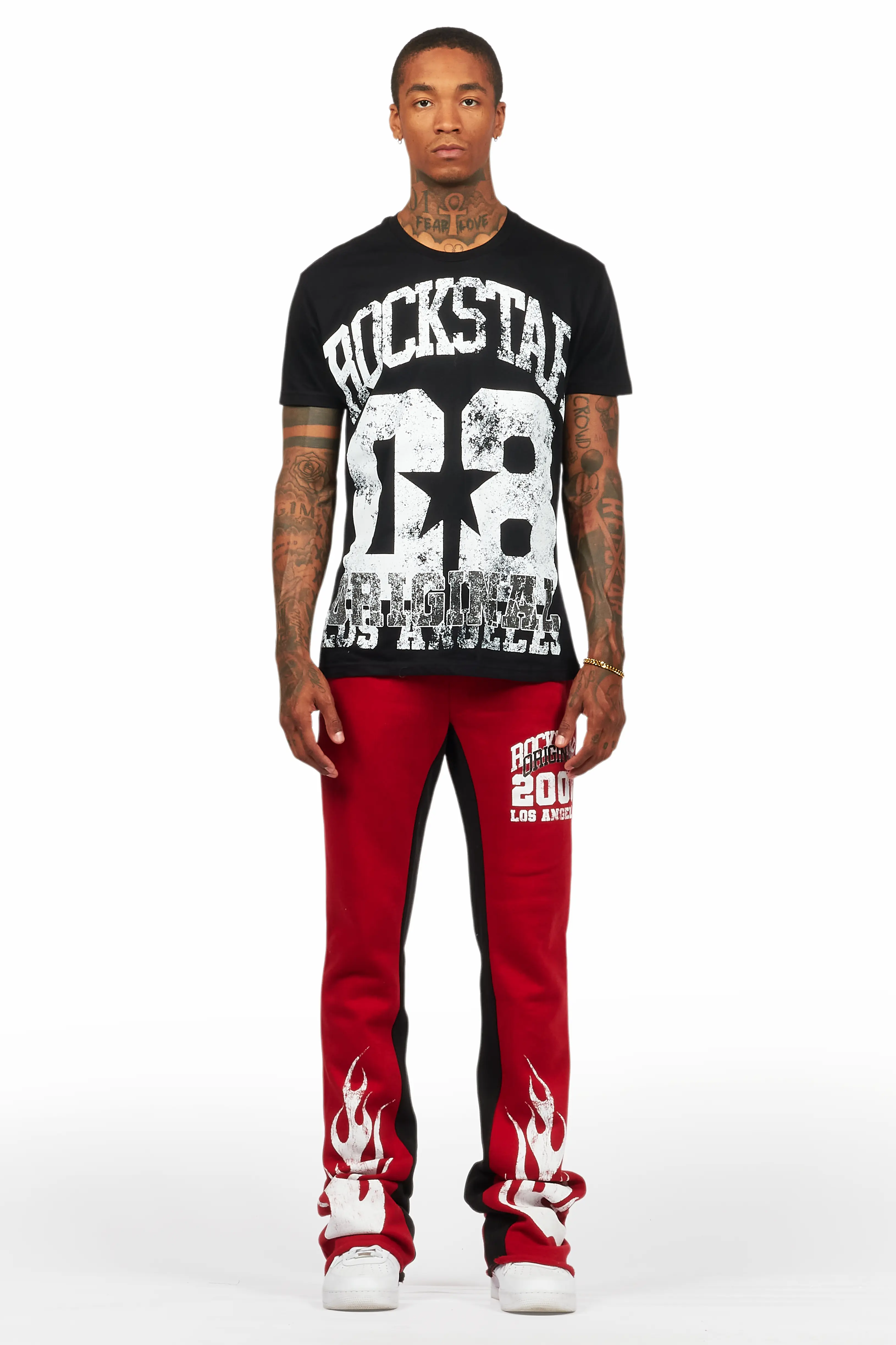 Edel Black/Burgundy T-Shirt/Stacked Baggy Track Pant Set - Image 2