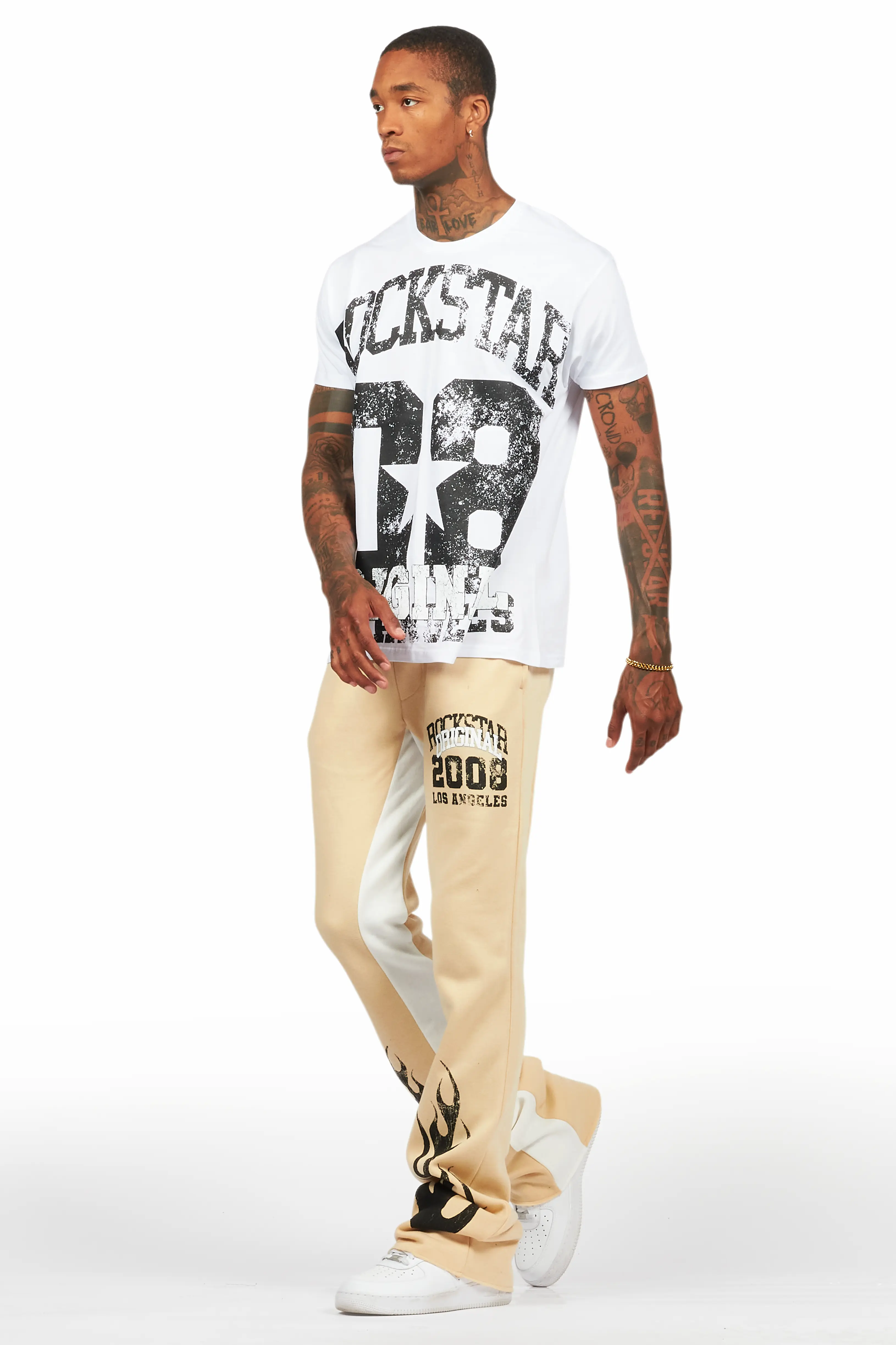 Edel White/Beige T-Shirt/Stacked Baggy Track Pant Set - Image 5