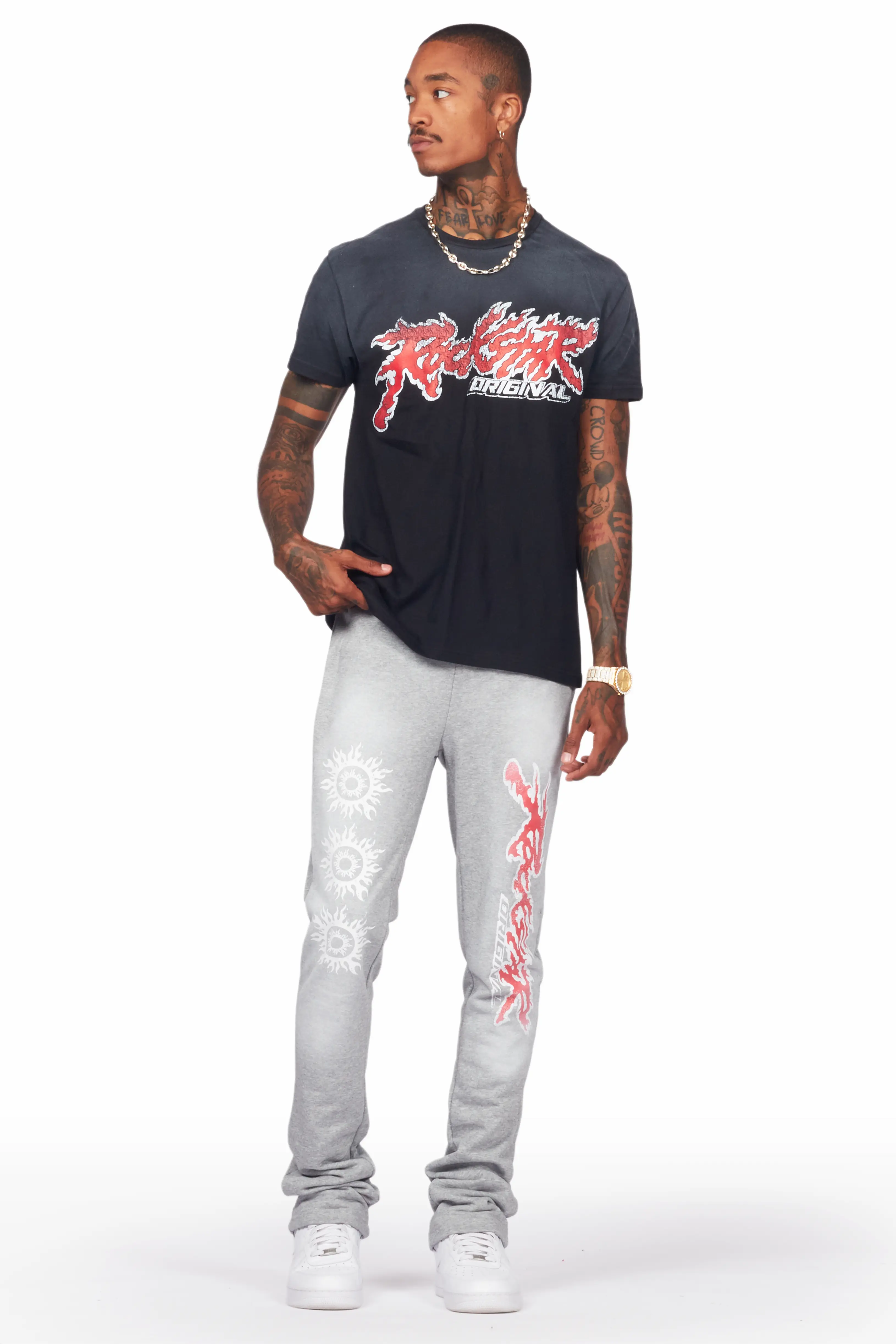 Yash Black/Grey T-Shirt/Stacked Flare Track Pant Set - Image 2
