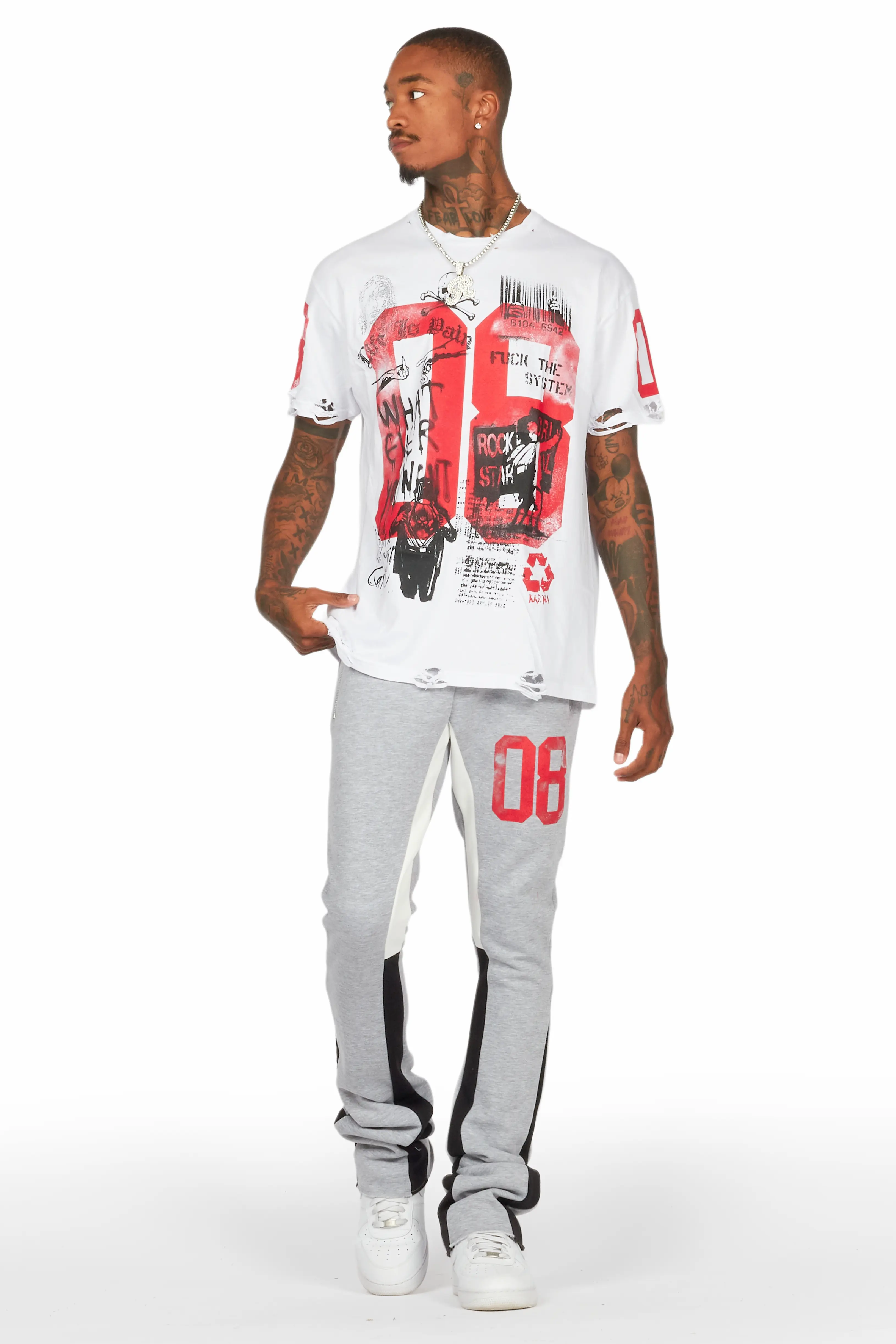 Grill White/Grey Oversized T-Shirt/Stacked Track Set - Image 2