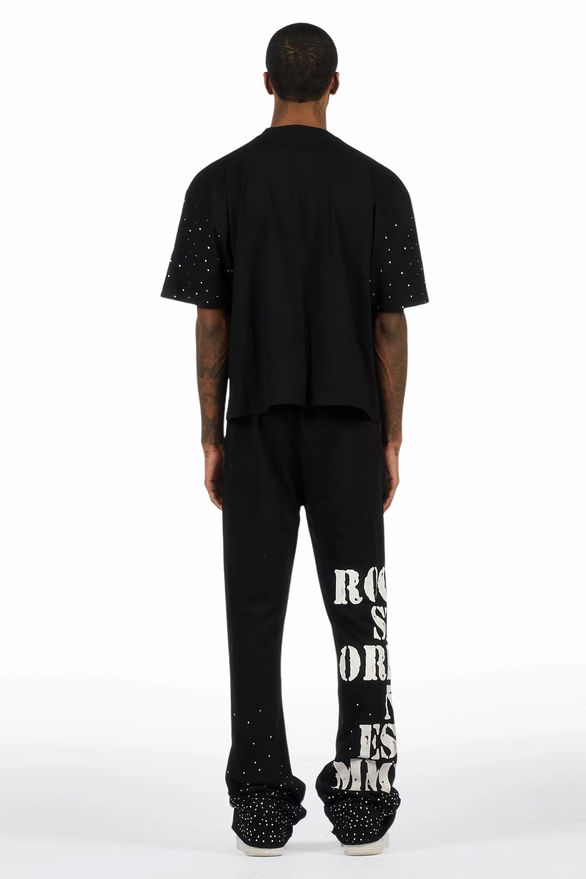 Borya Black Rhinestone T-Shirt/Baggy Stacked Track Set - Image 4