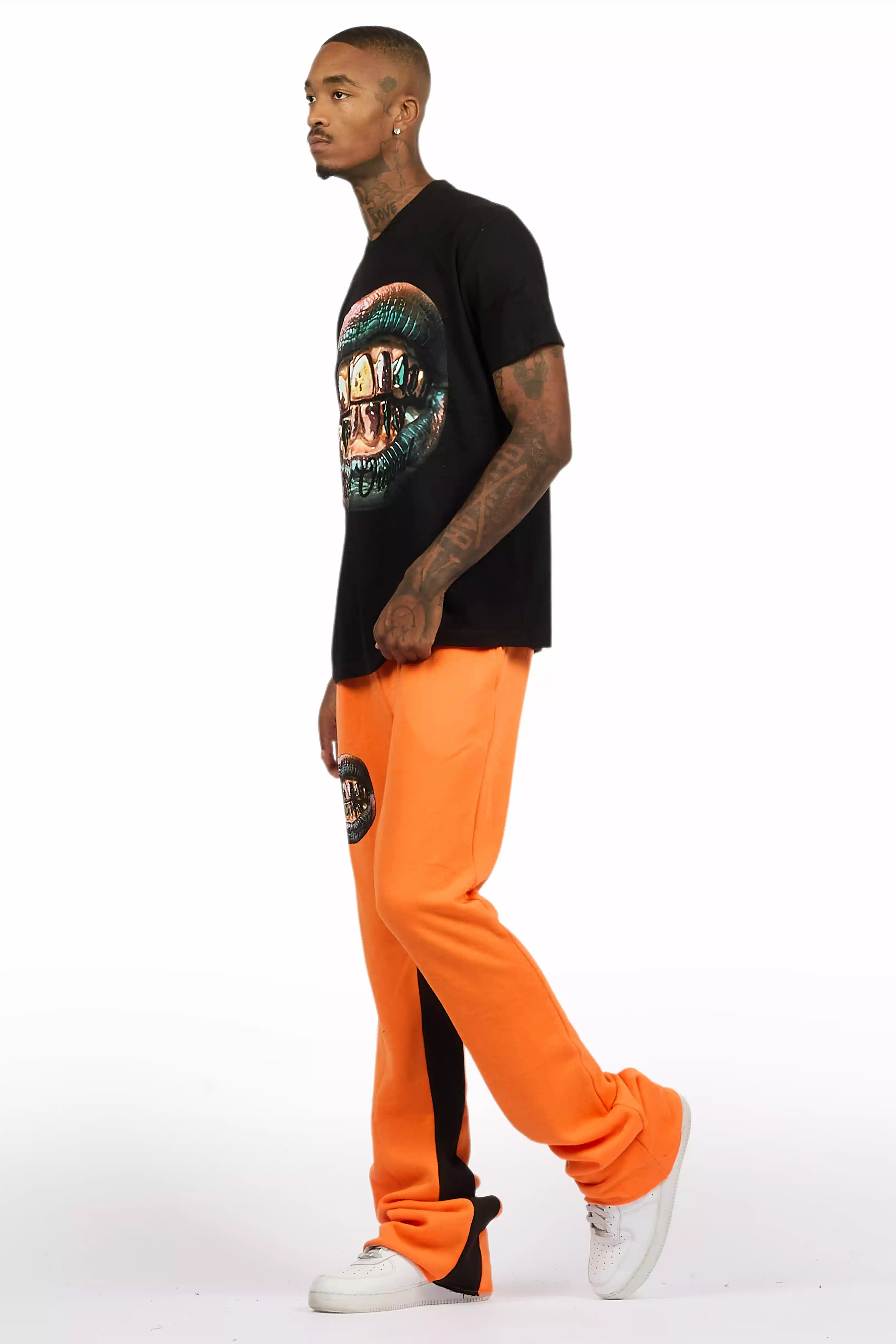 Darce Black/Orange T-Shirt/Stacked Baggy Track Pant Set - Image 6