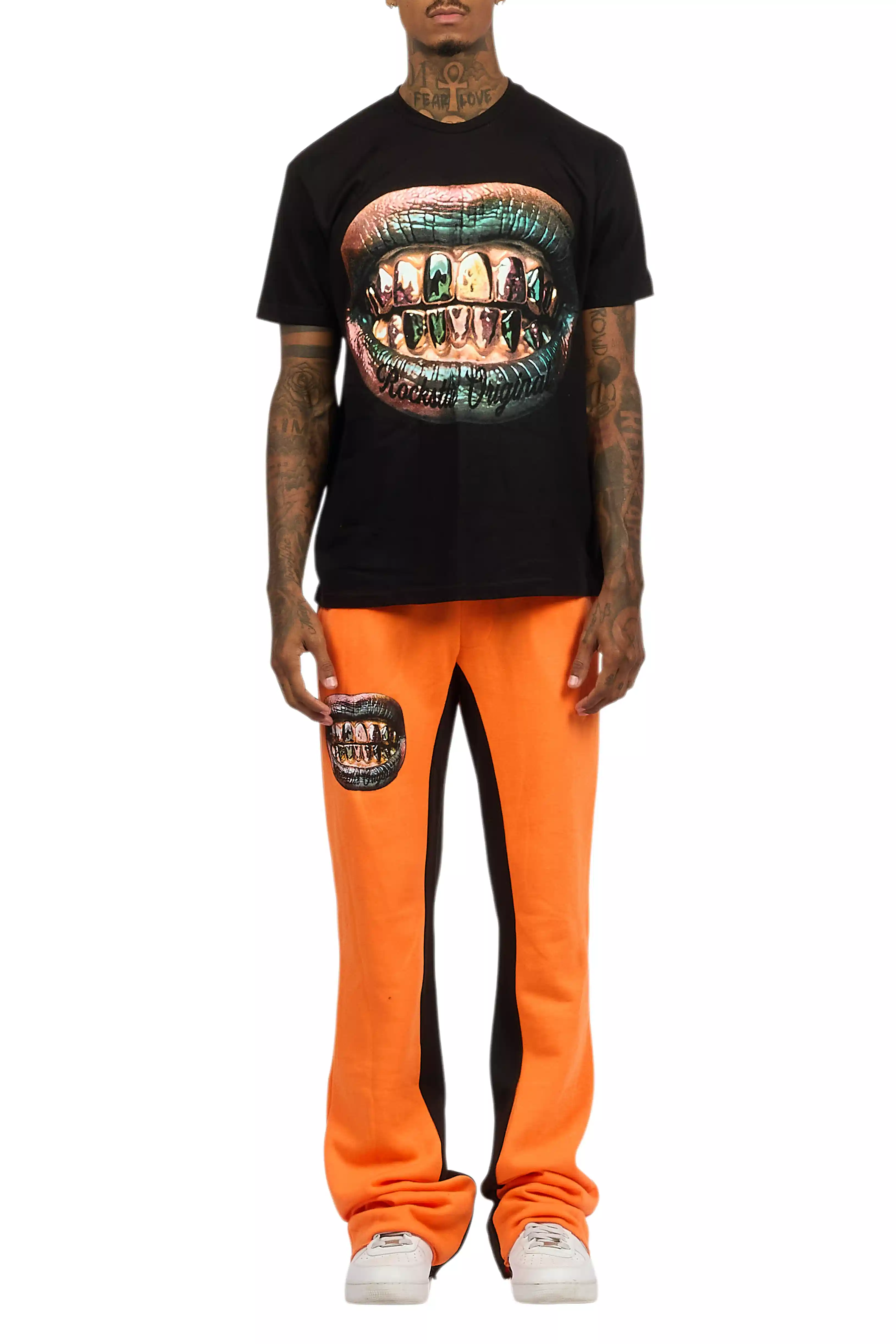Darce Black/Orange T-Shirt/Stacked Baggy Track Pant Set - Image 7