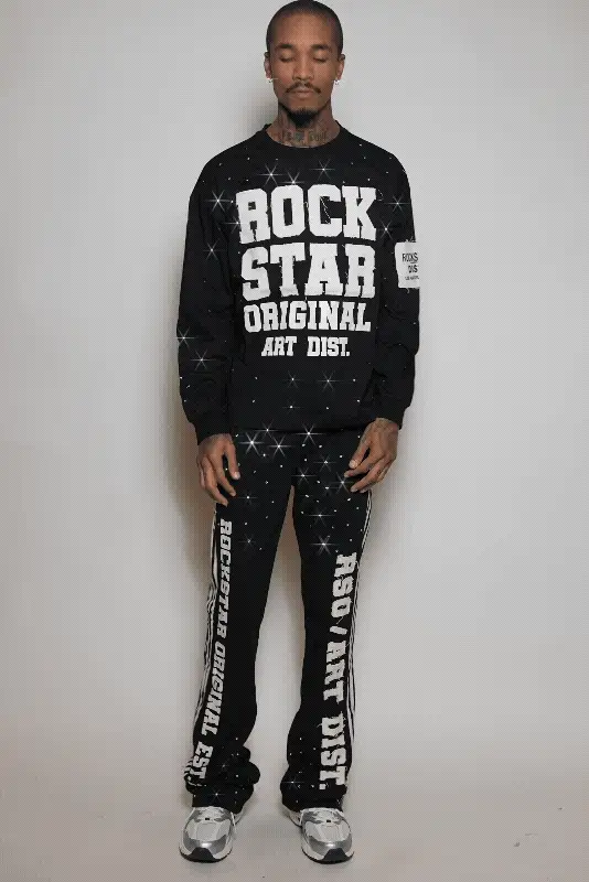 Yulian Black Rhinestone Long Sleeve T-Shirt/Baggy Stacked Track Set