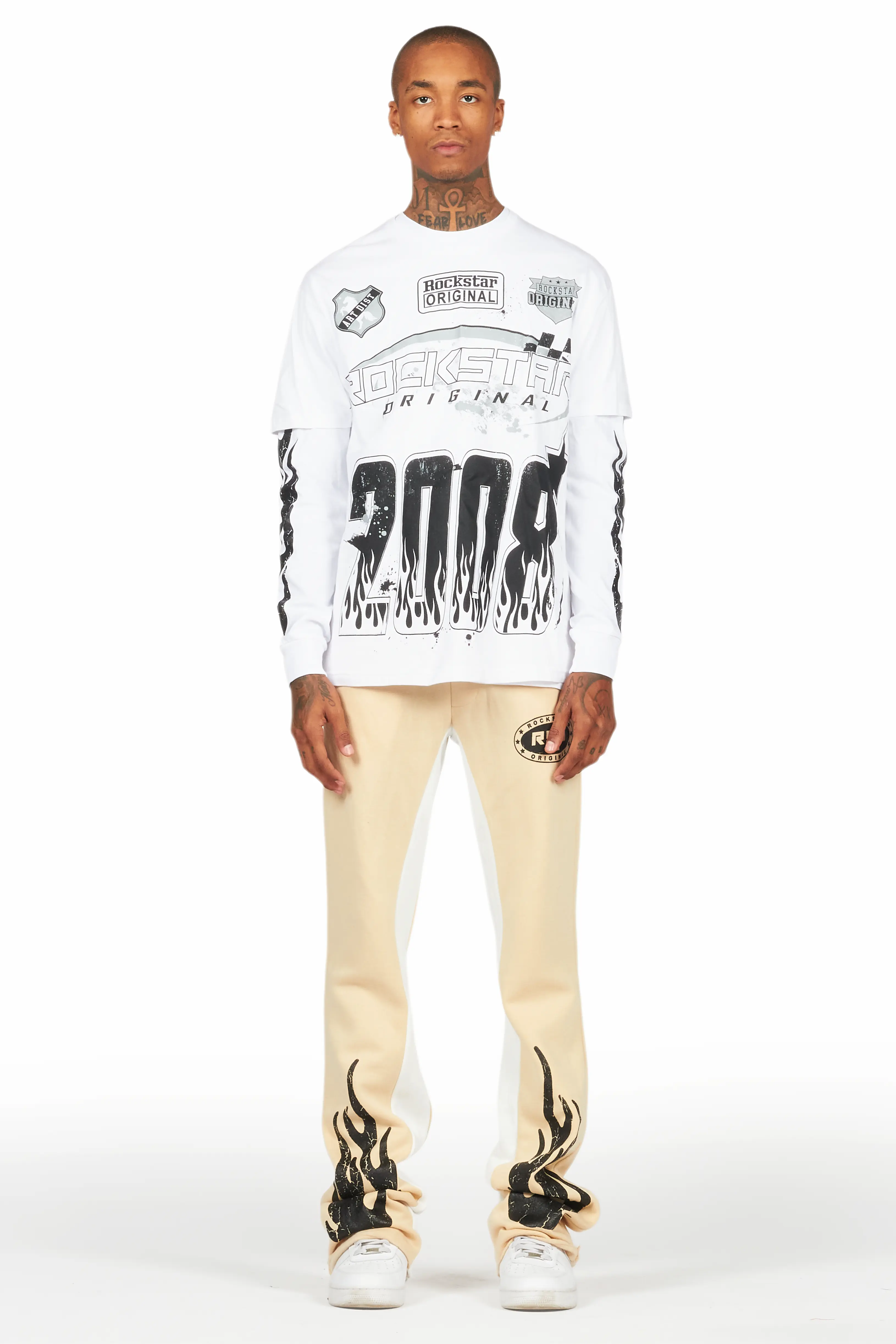 Amos White/Beige Double Layer T-Shirt/Stacked Baggy Pant Set - Image 2
