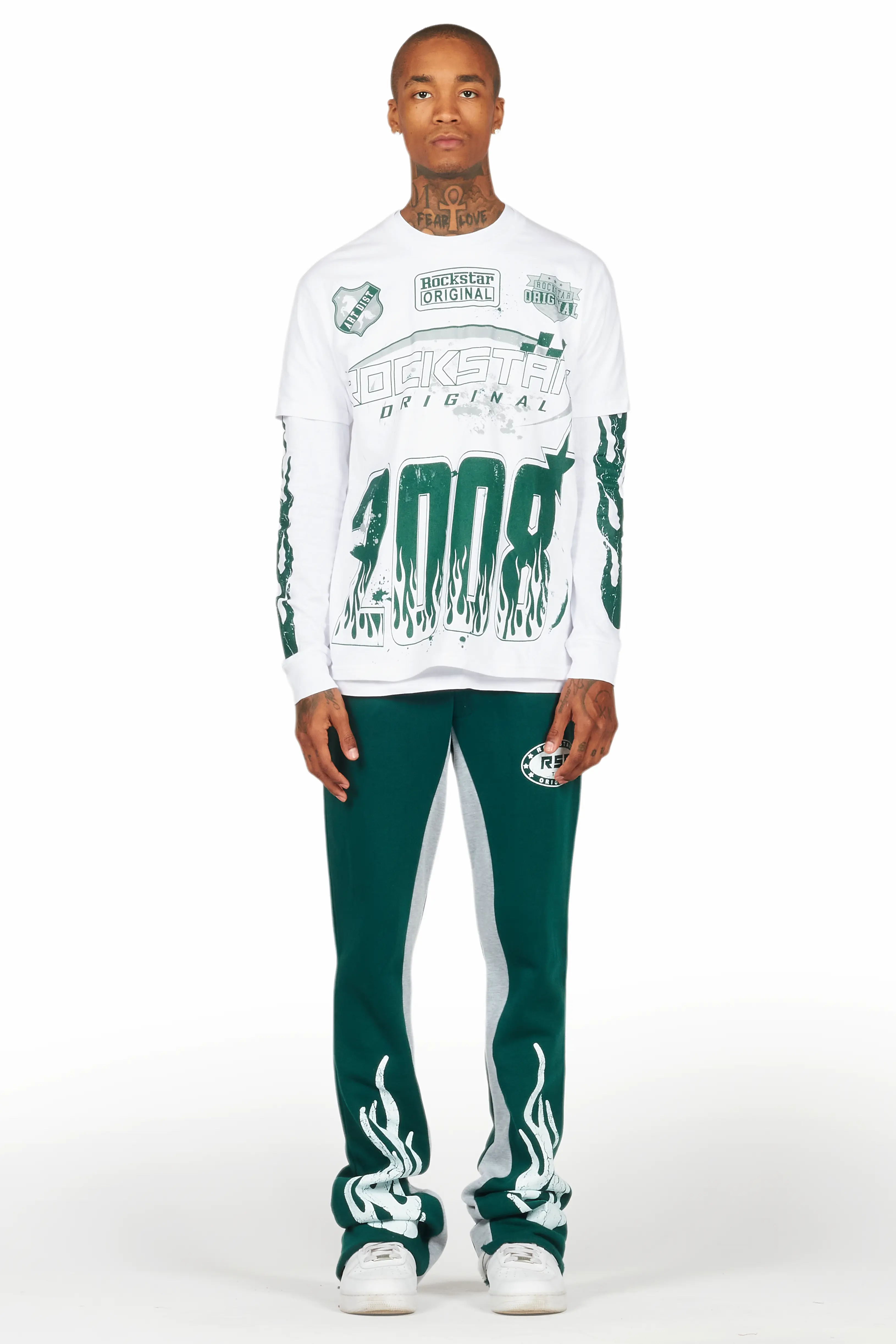 Amos White/Green Double Layer T-Shirt/Stacked Baggy Pant Set - Image 2