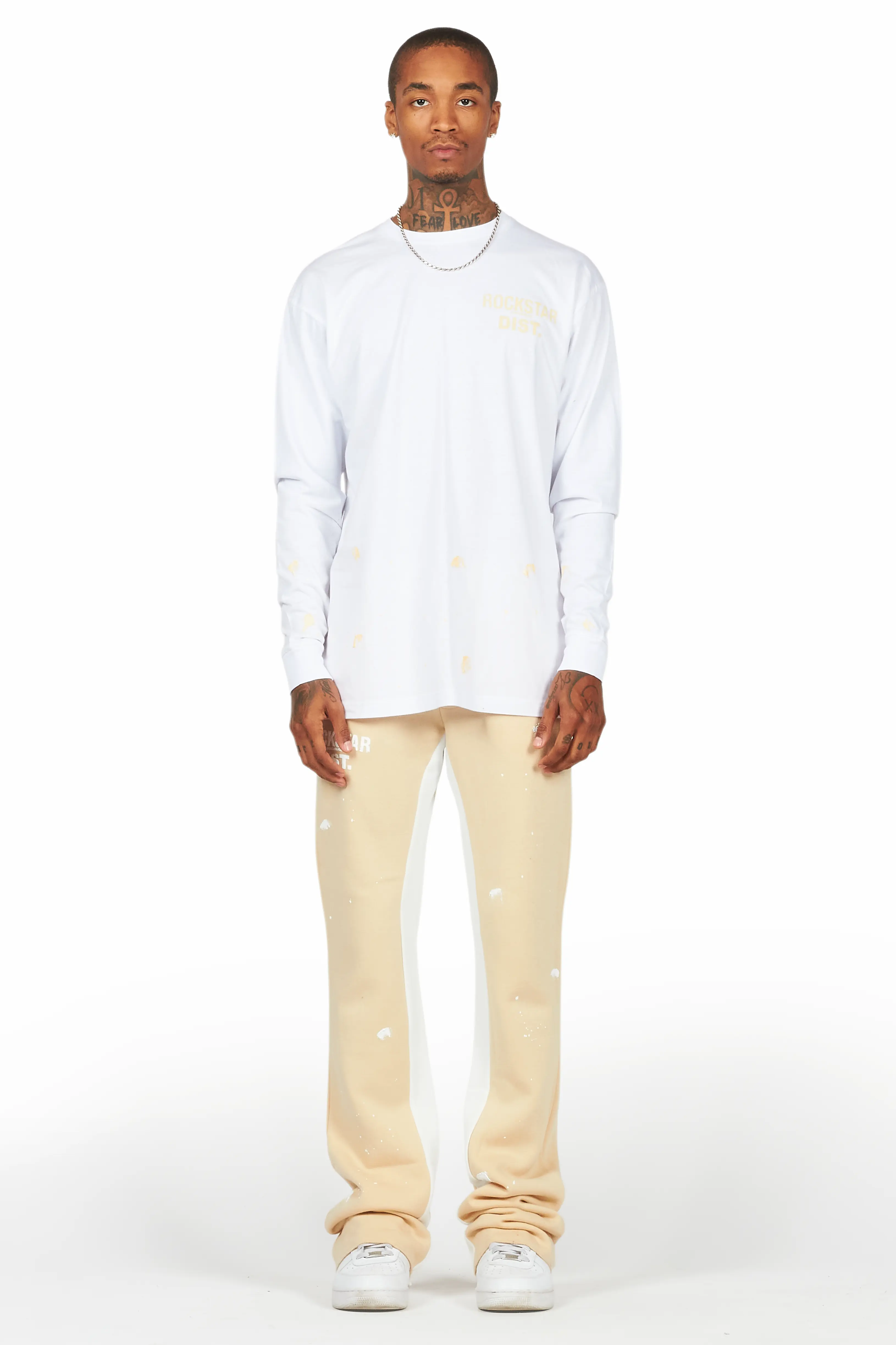 Raffer White/Beige Long Sleeve T-Shirt/Baggy Pant Set - Image 2