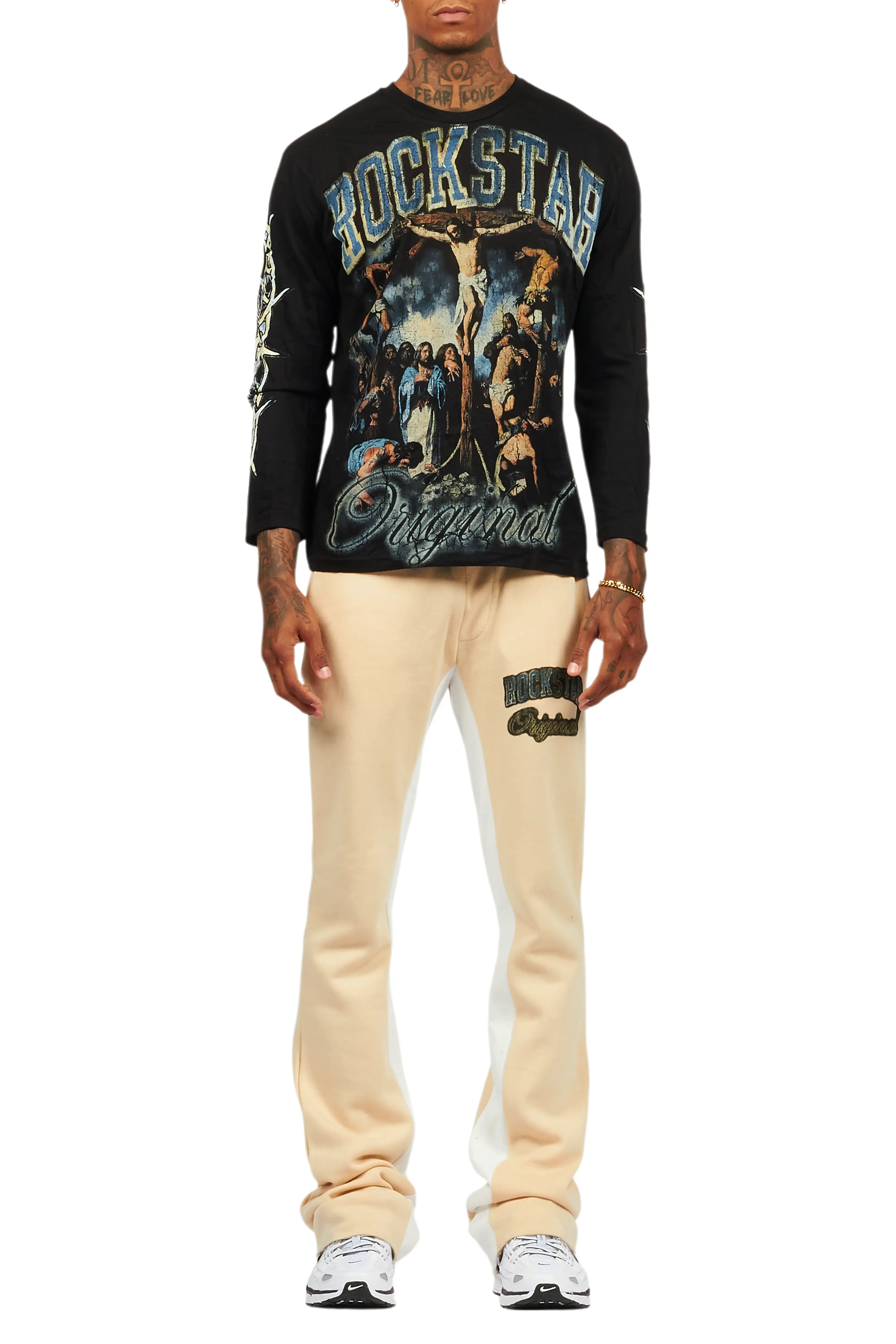 Waller Black/Beige Long Sleeve T-Shirt/Baggy Pant Set - Image 9