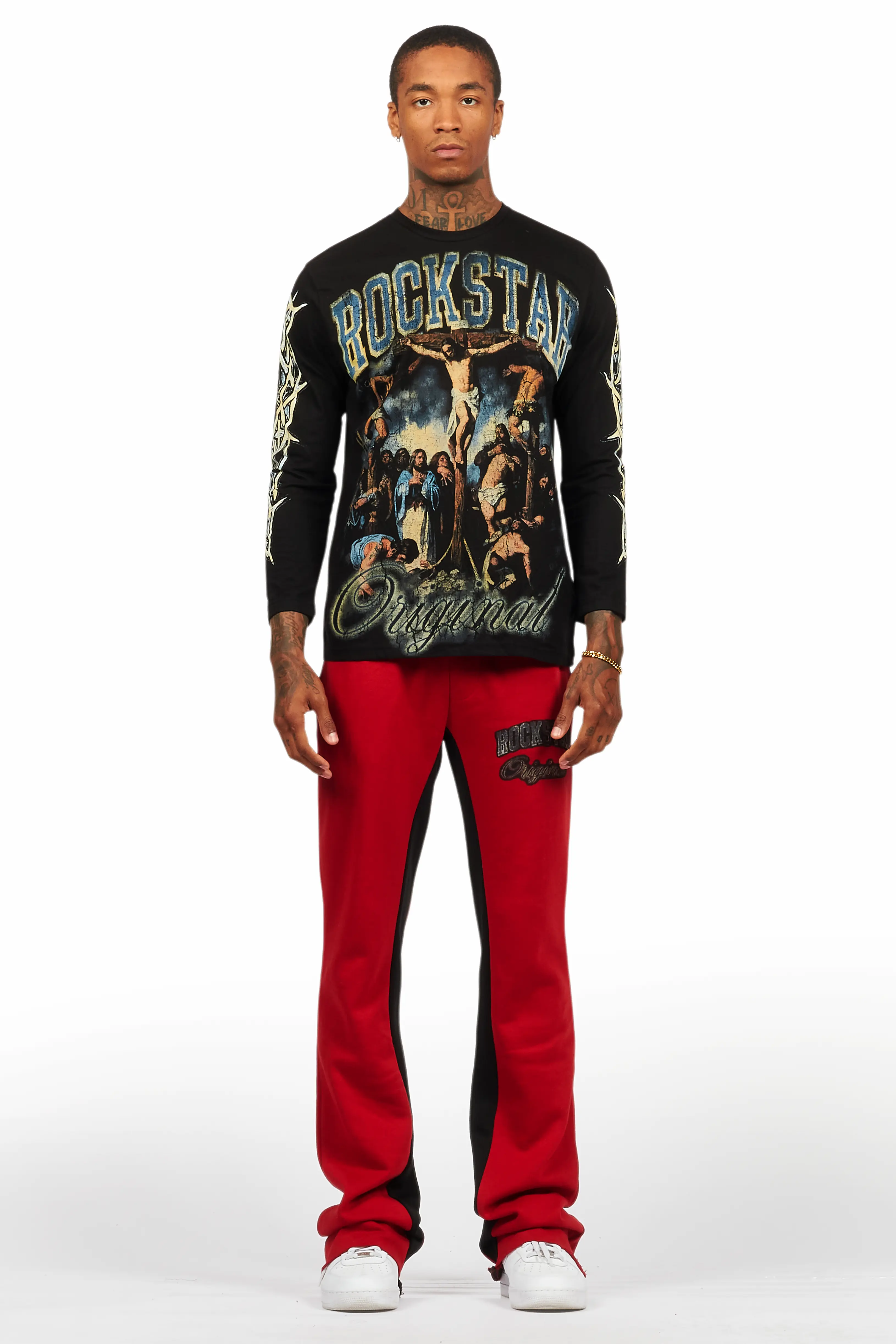Waller Black/Burgundy Long Sleeve T-Shirt/Baggy Pant Set - Image 2