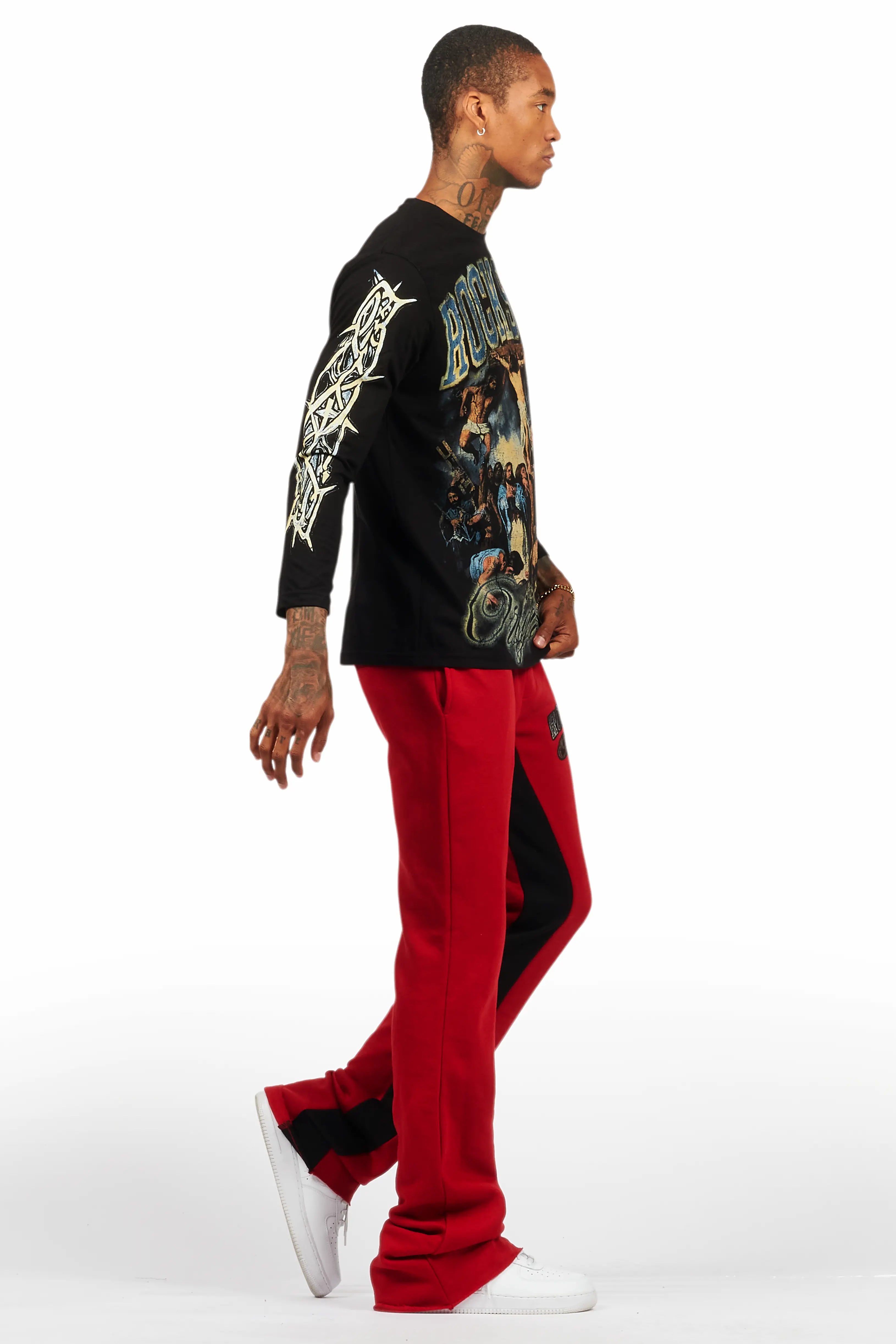 Waller Black/Burgundy Long Sleeve T-Shirt/Baggy Pant Set - Image 3