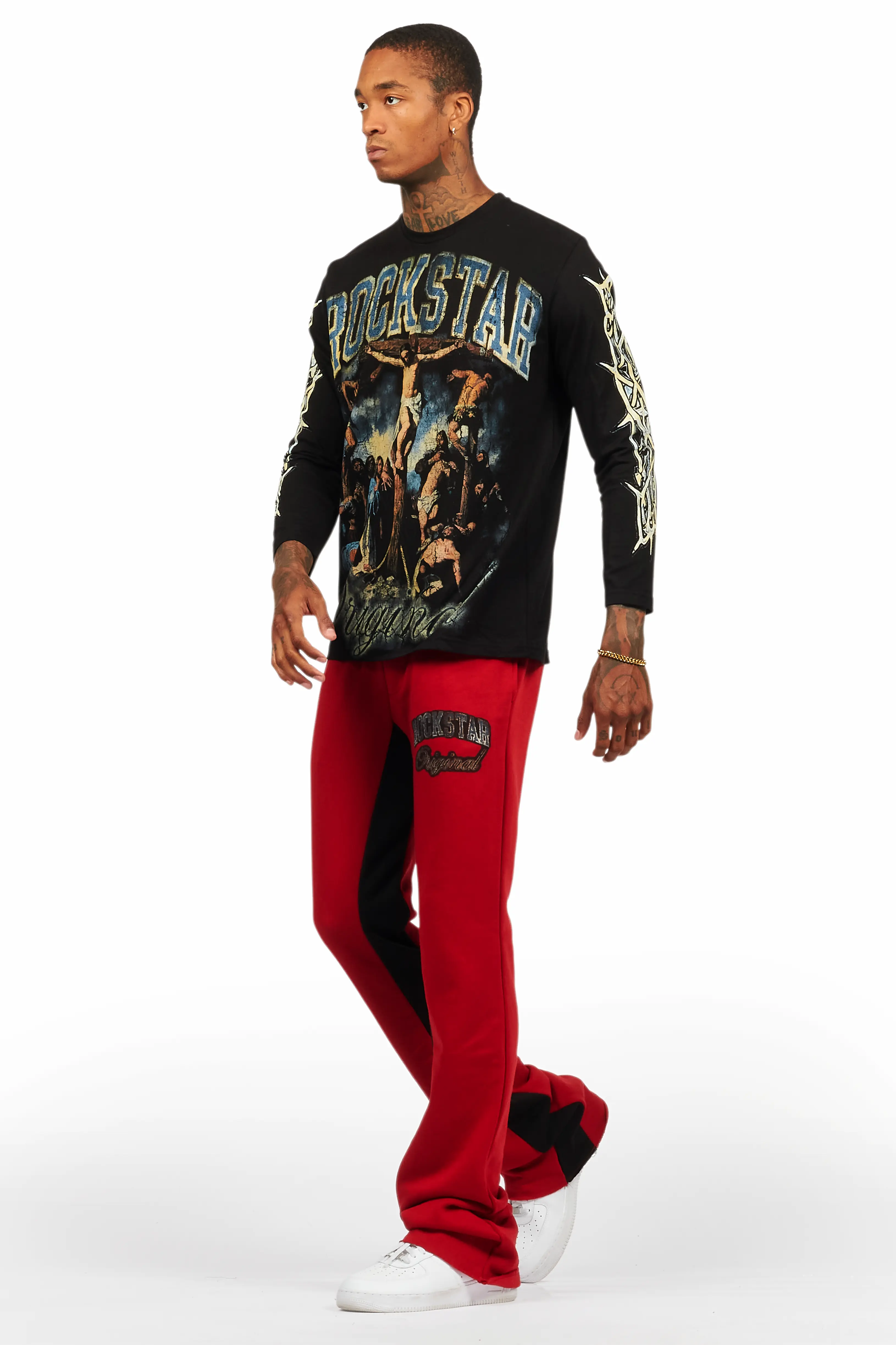 Waller Black/Burgundy Long Sleeve T-Shirt/Baggy Pant Set - Image 5
