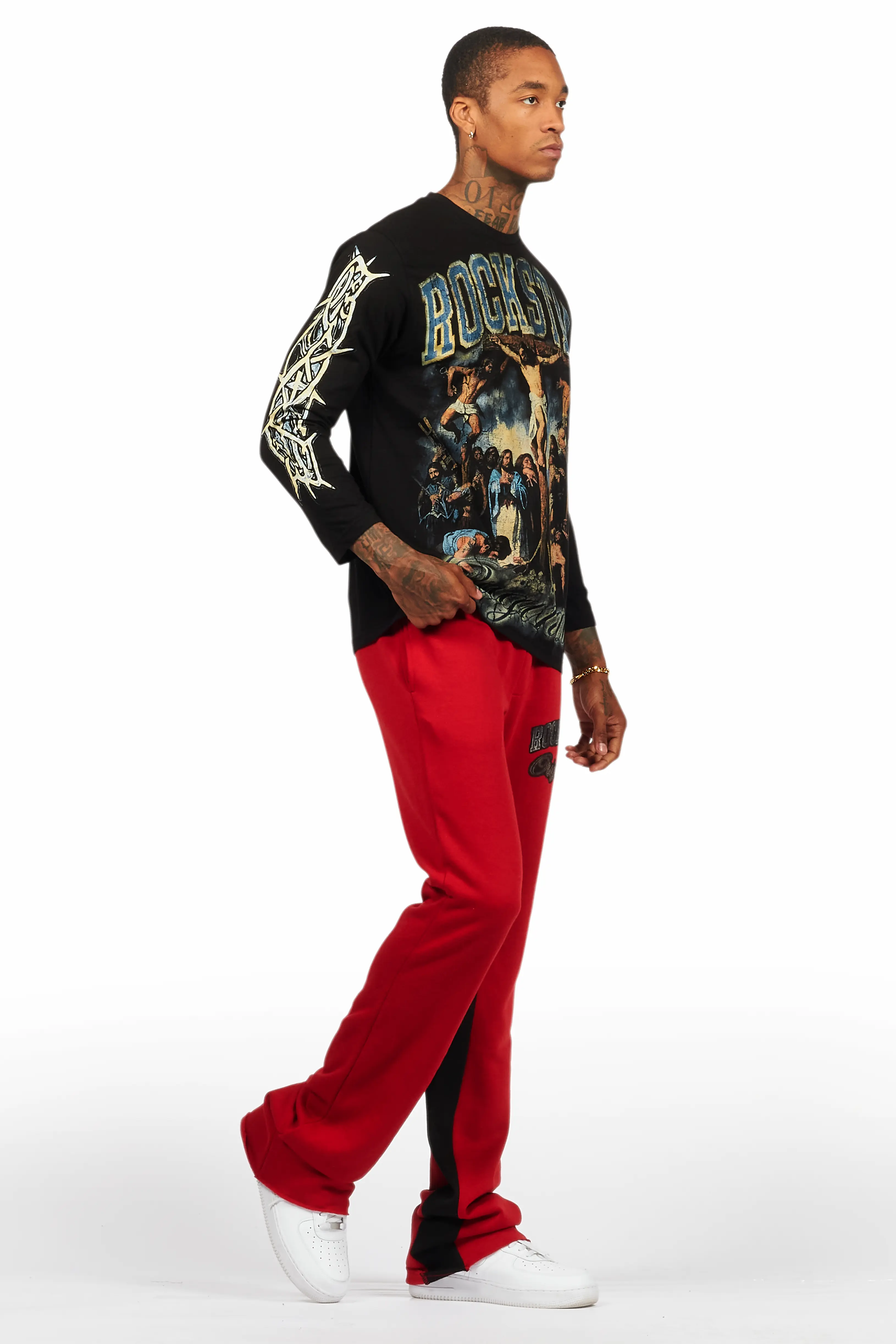 Waller Black/Burgundy Long Sleeve T-Shirt/Baggy Pant Set - Image 6