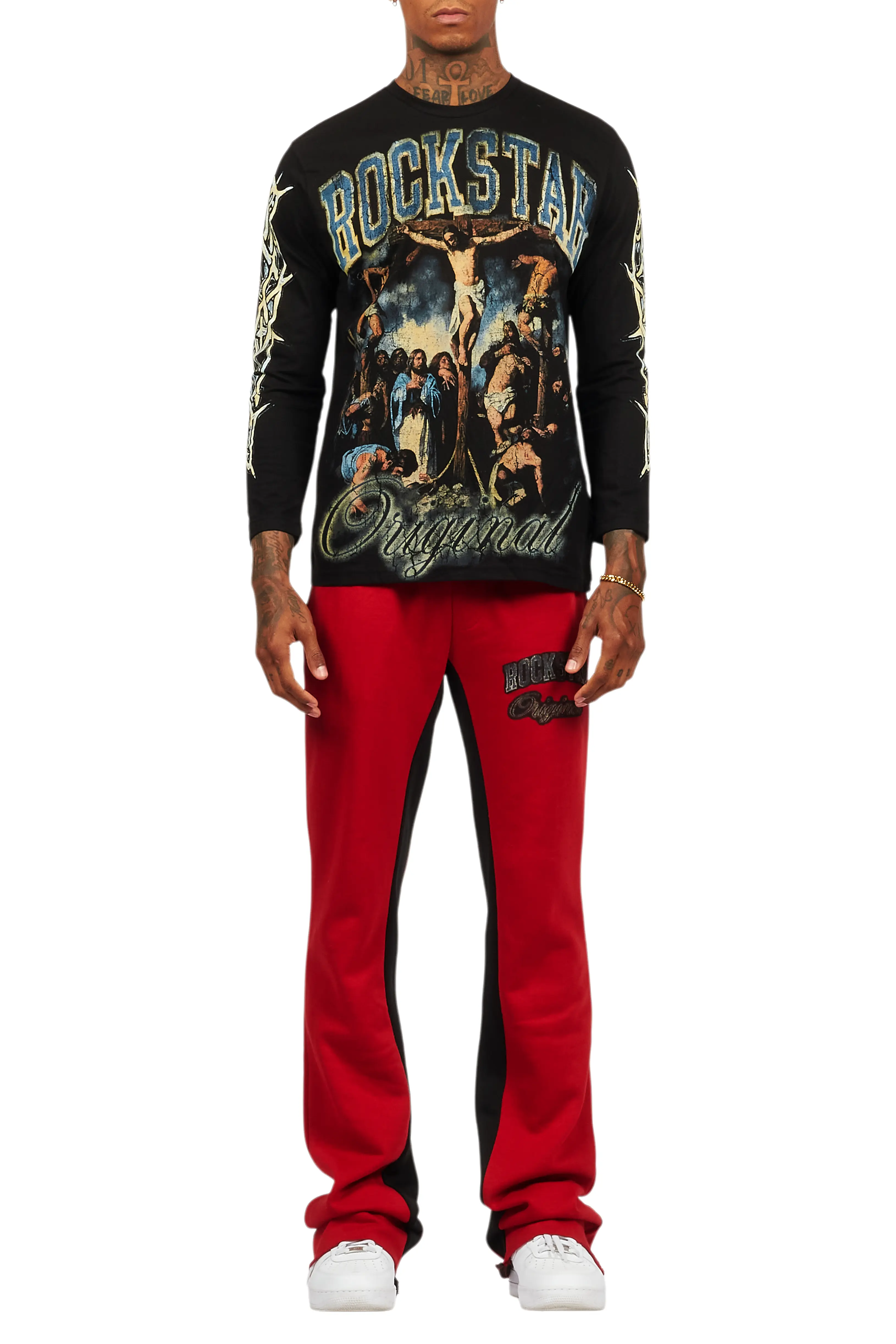 Waller Black/Burgundy Long Sleeve T-Shirt/Baggy Pant Set - Image 9