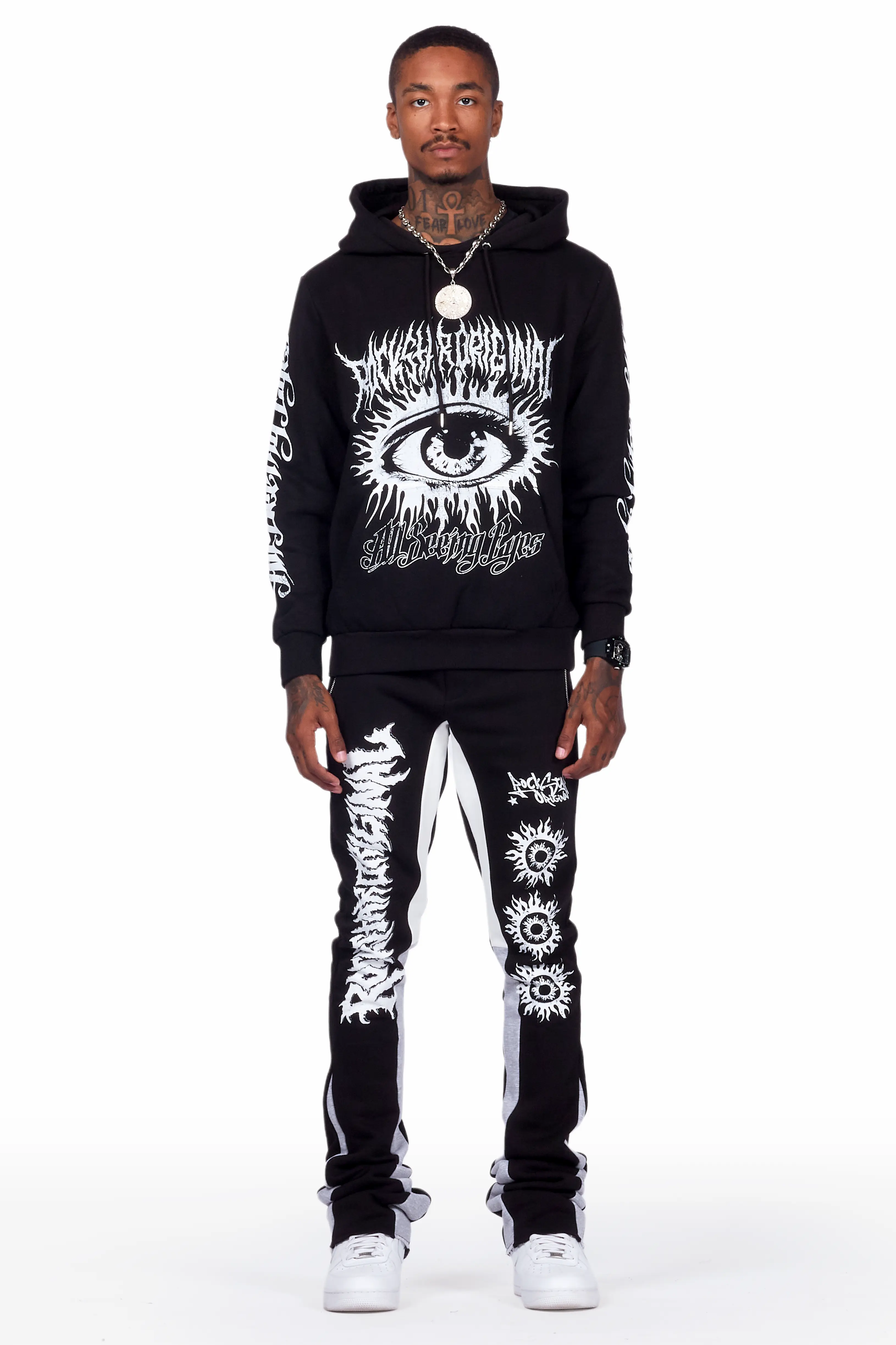 All Seeing Eyes Vintage Black Super Stacked Flare Track Pant Set - Image 2