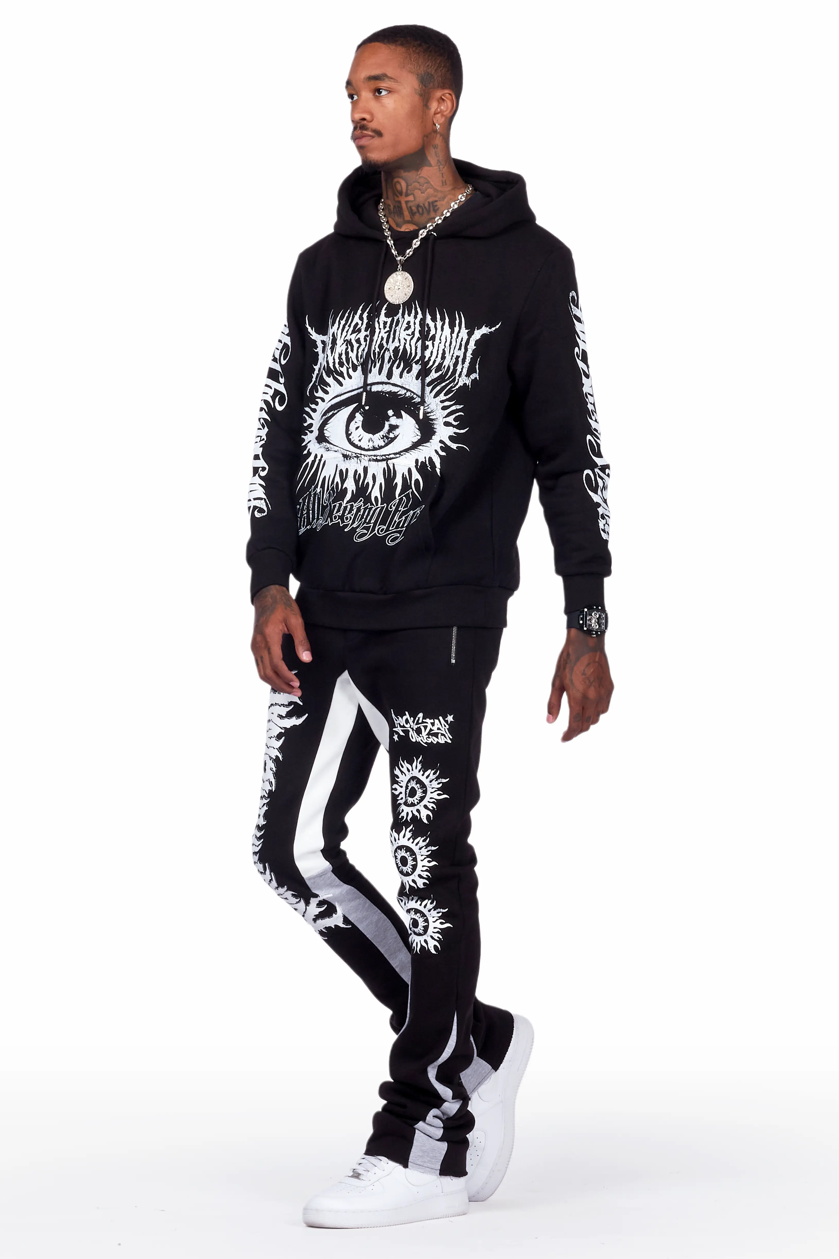 All Seeing Eyes Vintage Black Super Stacked Flare Track Pant Set - Image 5