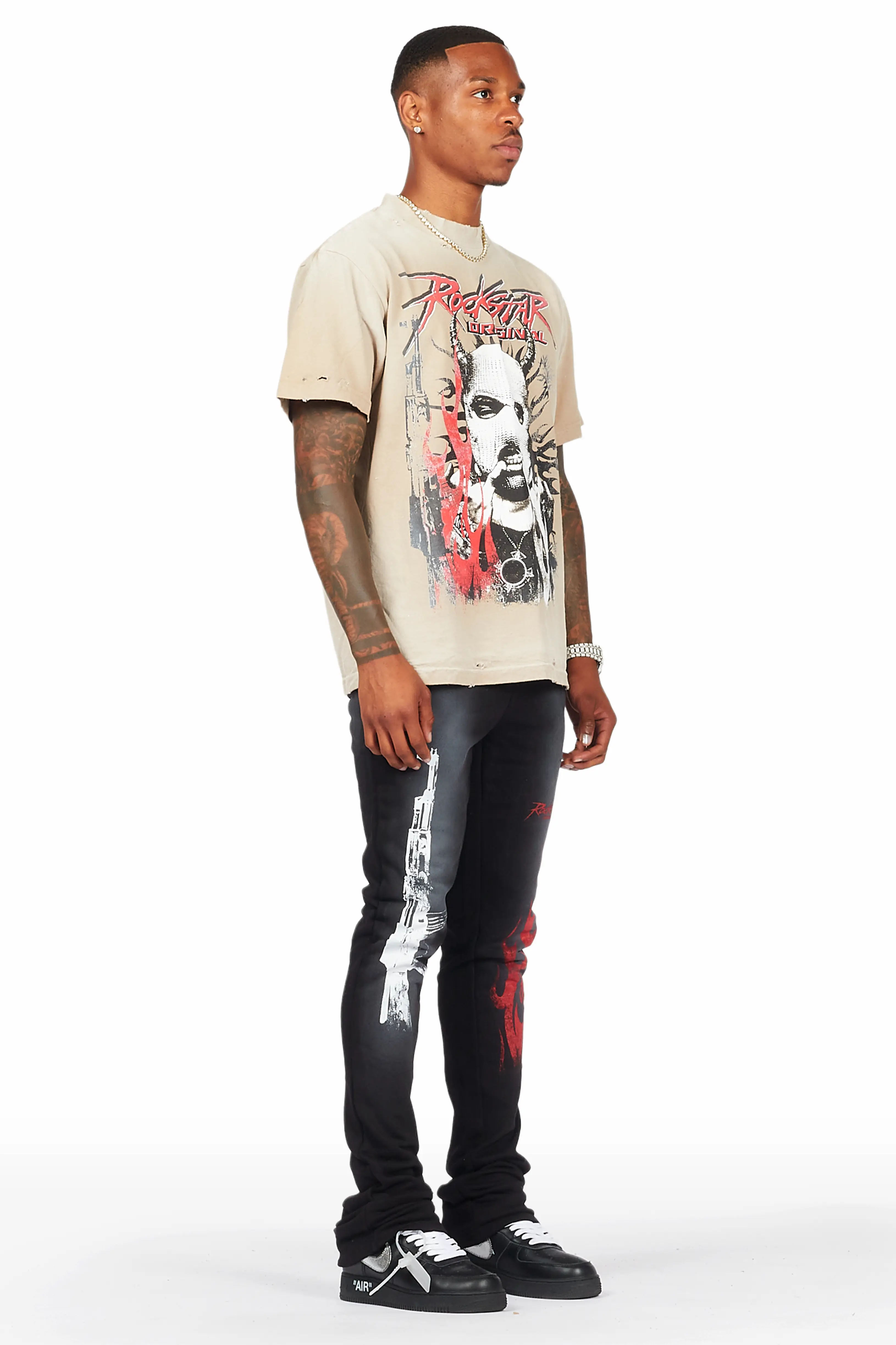 Mercy Beige/Black Oversized T-Shirt/ Stacked Flare Track Pant Set - Image 3