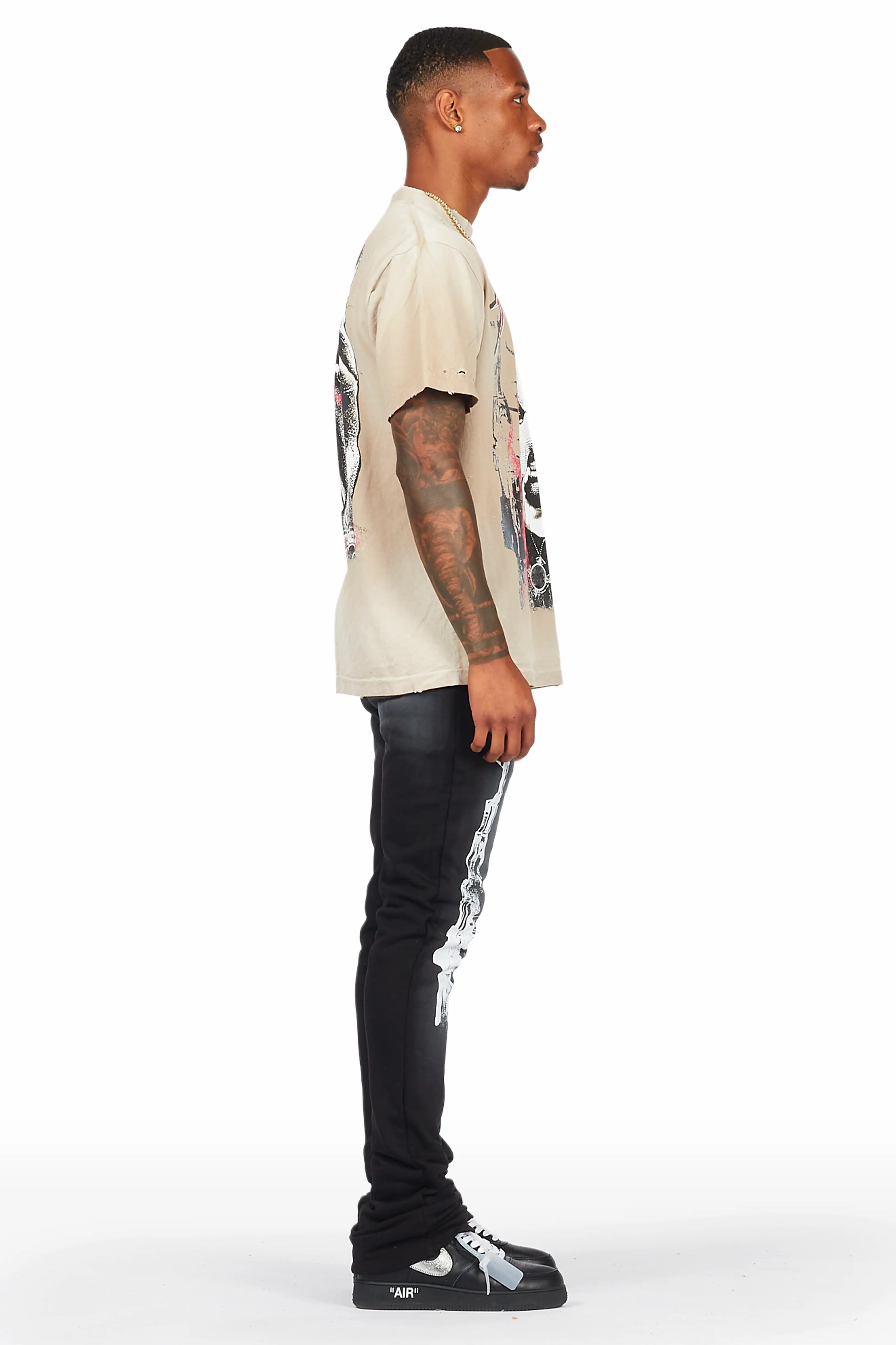 Mercy Beige/Black Oversized T-Shirt/ Stacked Flare Track Pant Set - Image 4