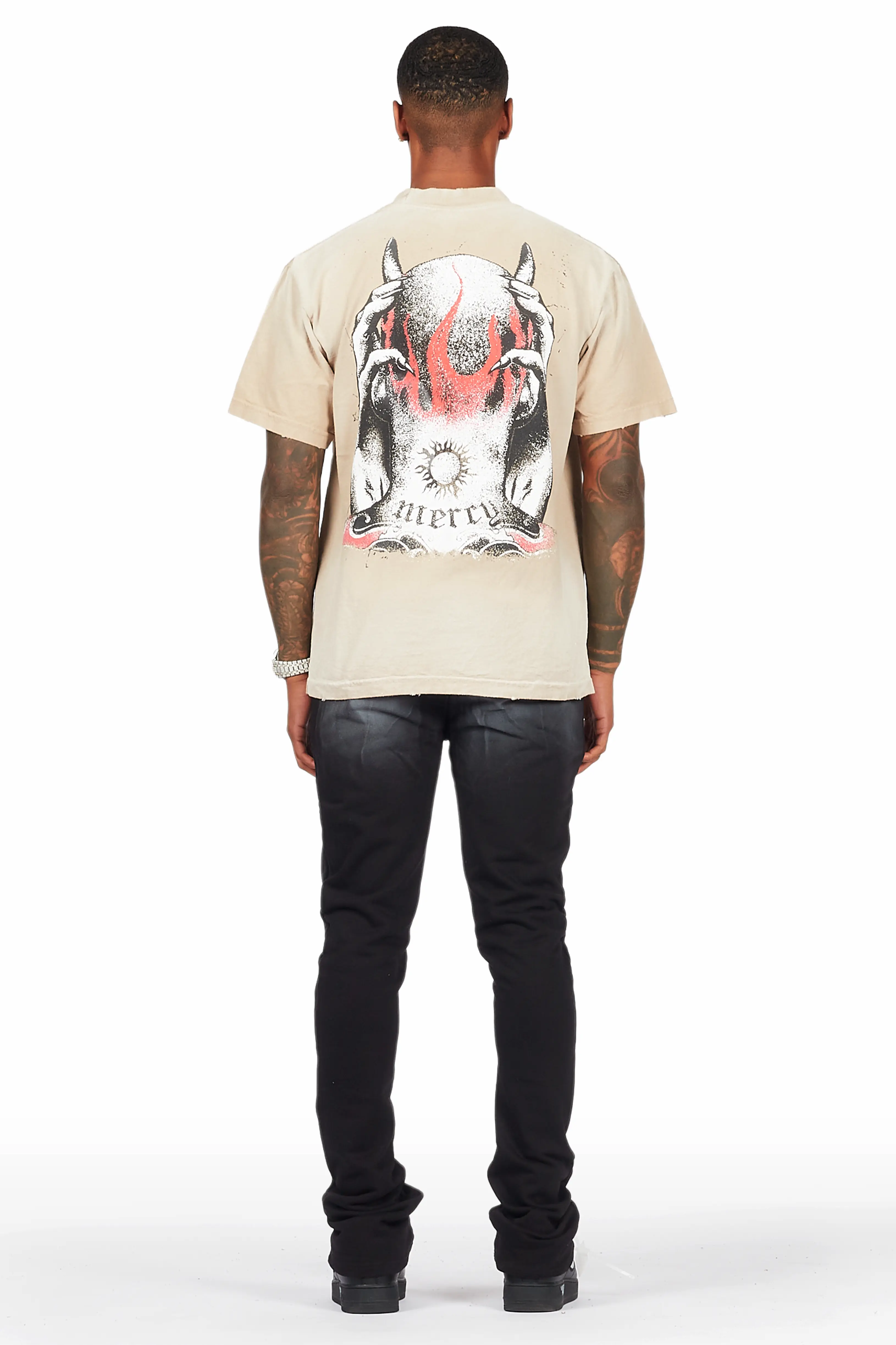 Mercy Beige/Black Oversized T-Shirt/ Stacked Flare Track Pant Set - Image 5