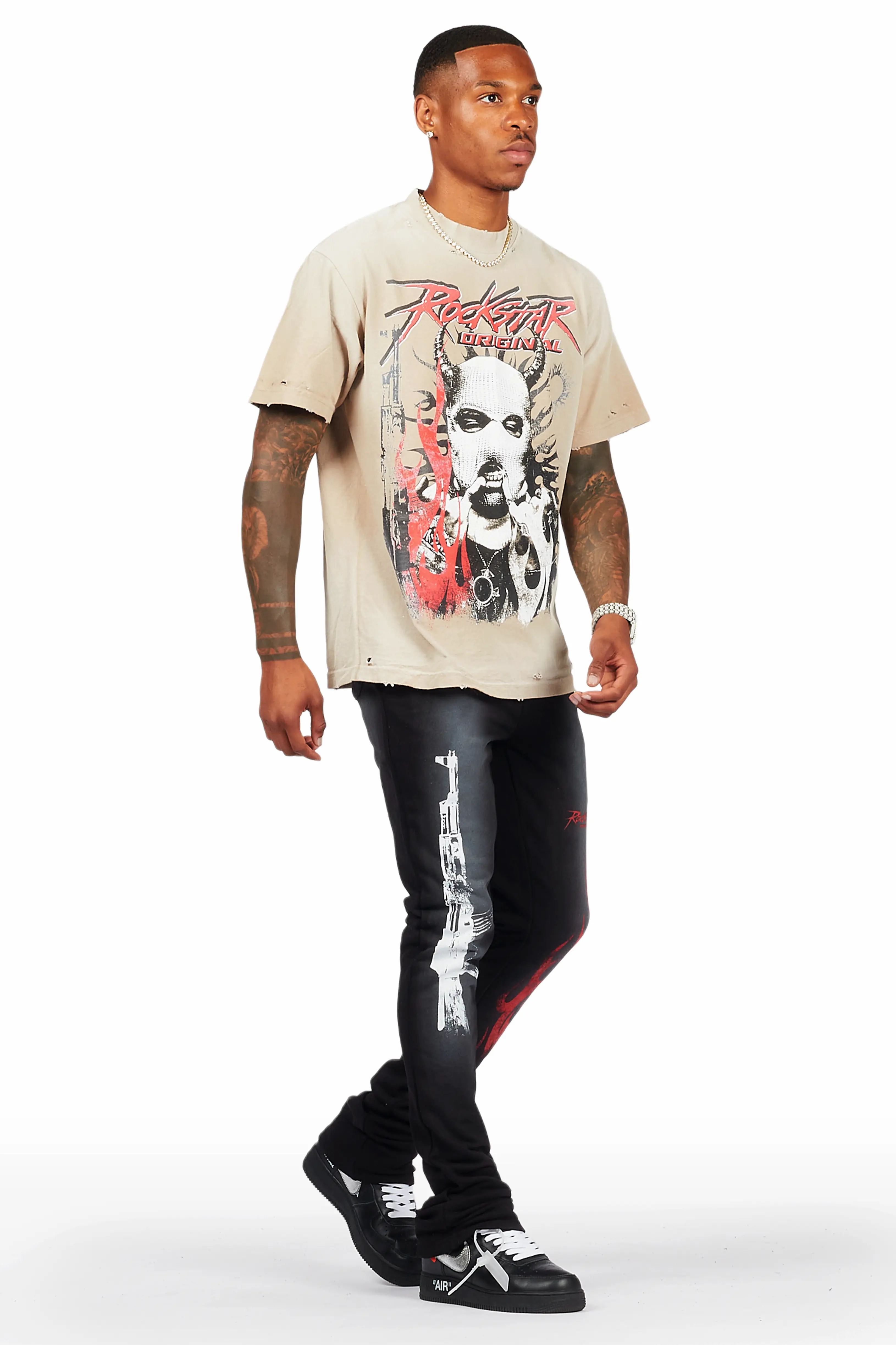 Mercy Beige/Black Oversized T-Shirt/ Stacked Flare Track Pant Set - Image 6