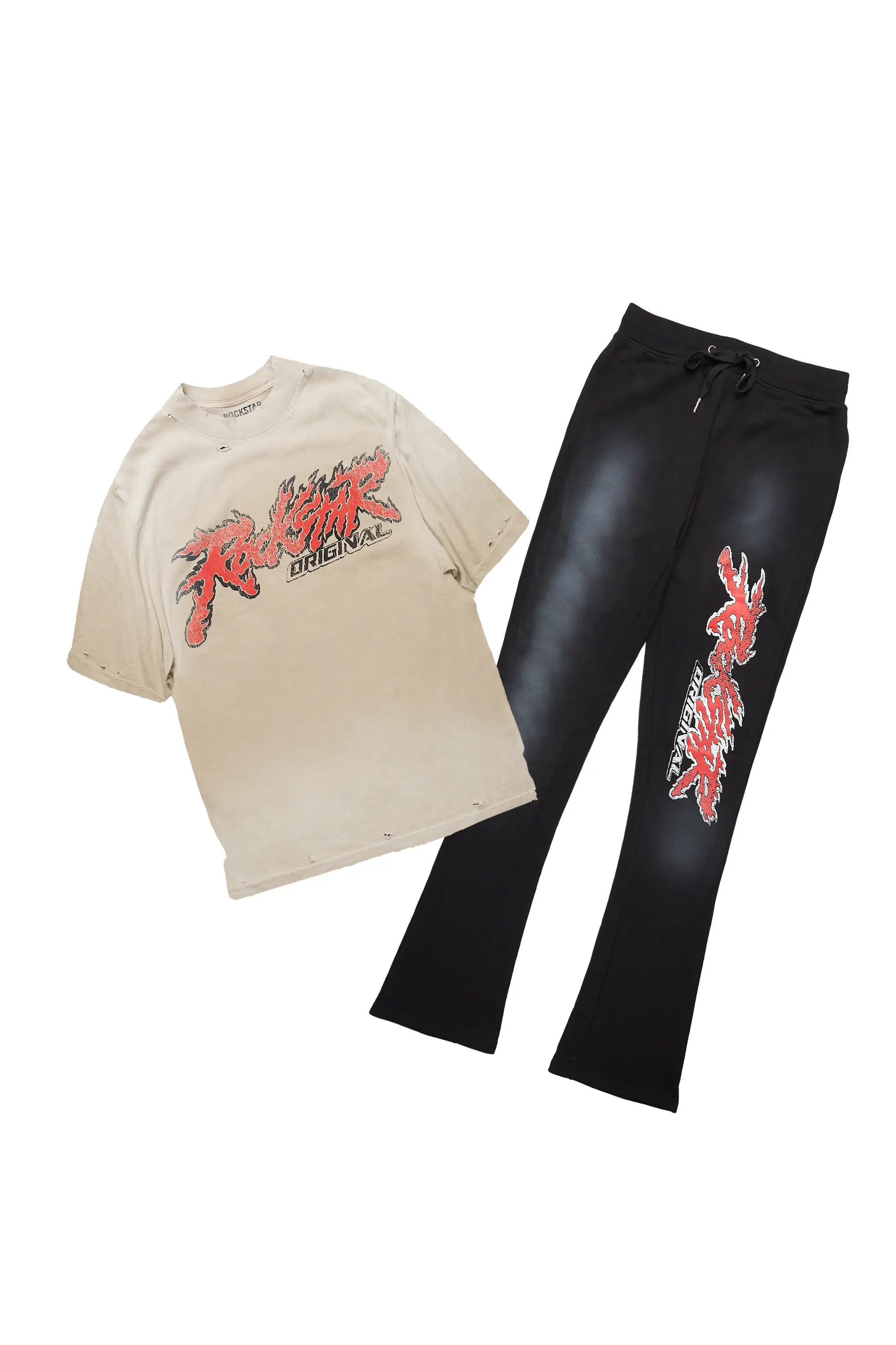 Yash Beige/Black Oversized T-Shirt/Stacked Flare Track Pant Set