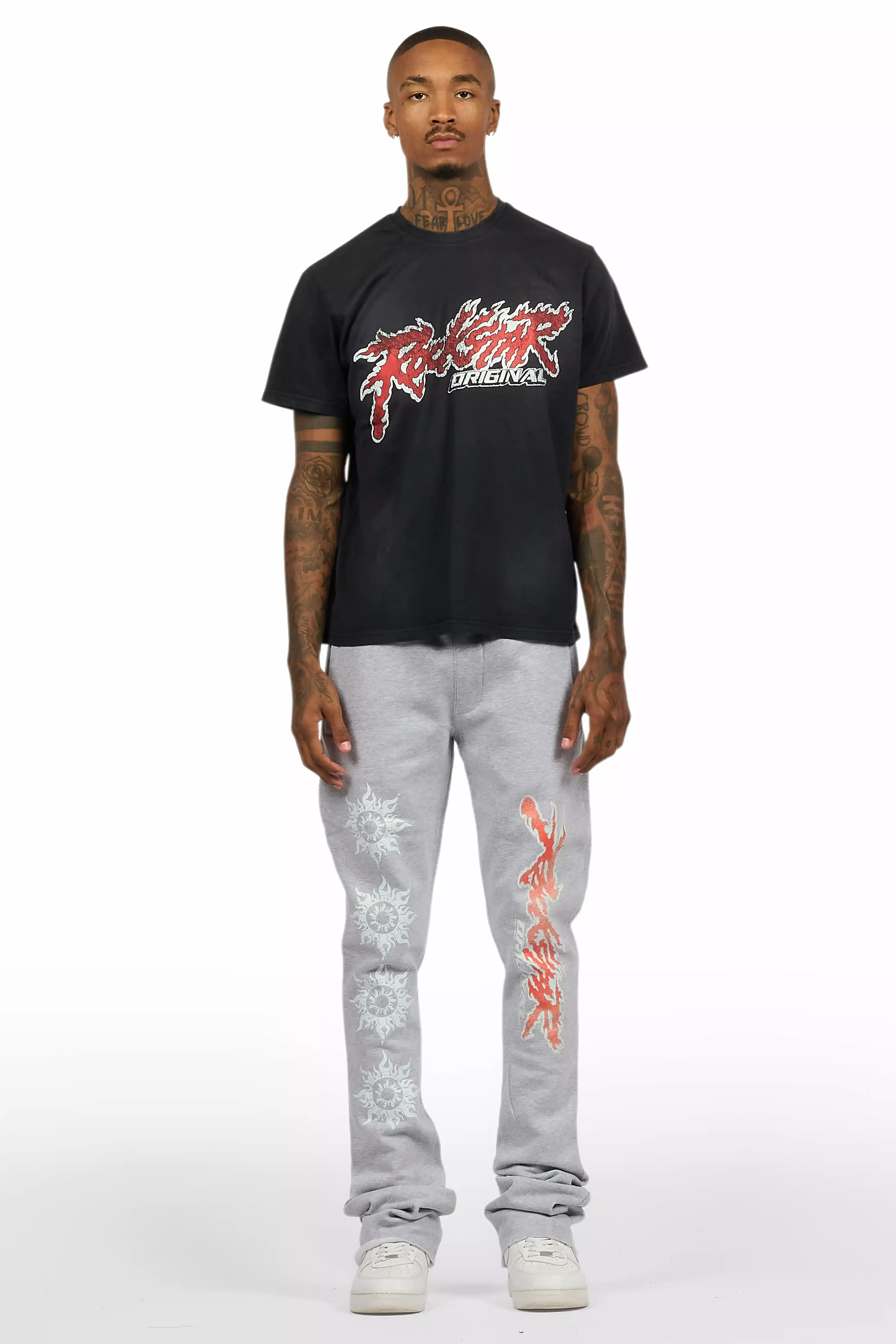 Yash Charcoal Grey T-Shirt/Stacked Flare Track Pant Set - Image 2