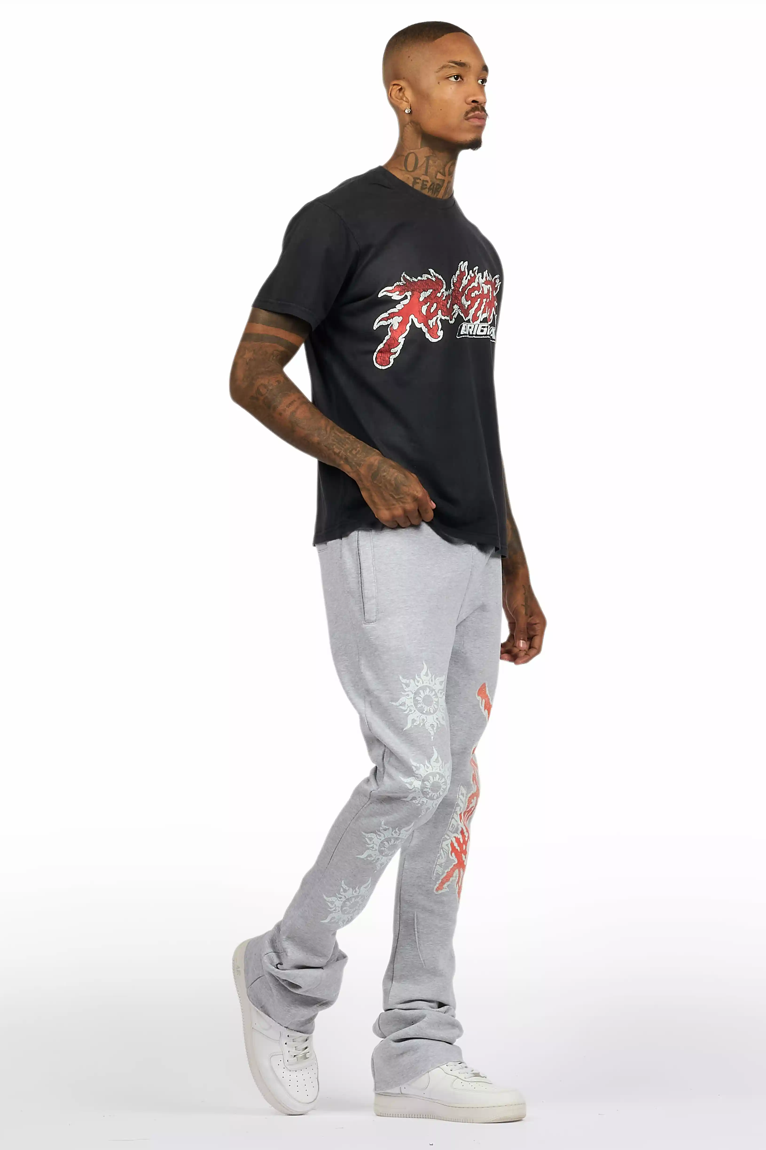 Yash Charcoal Grey T-Shirt/Stacked Flare Track Pant Set - Image 3