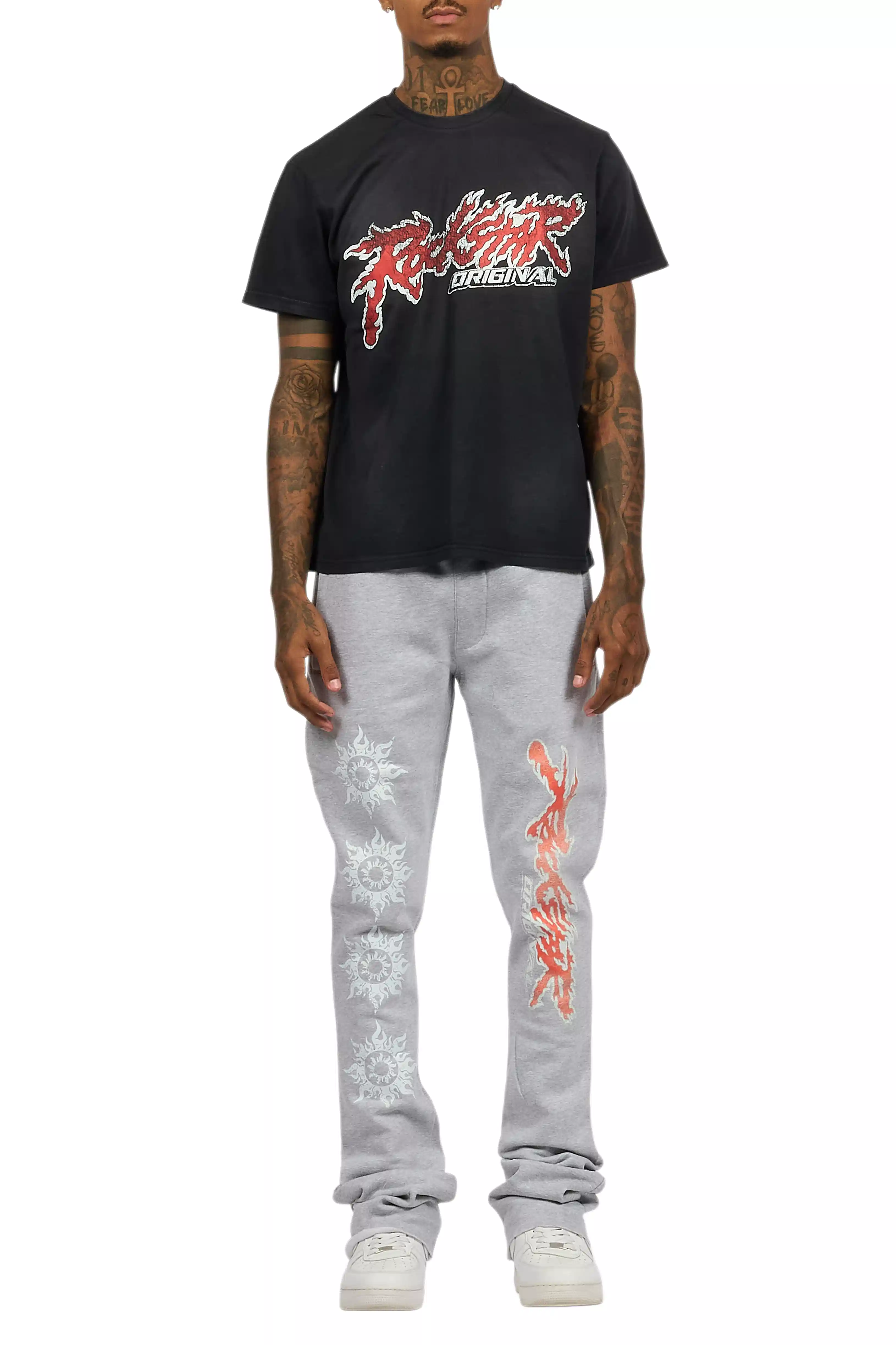 Yash Charcoal Grey T-Shirt/Stacked Flare Track Pant Set - Image 9