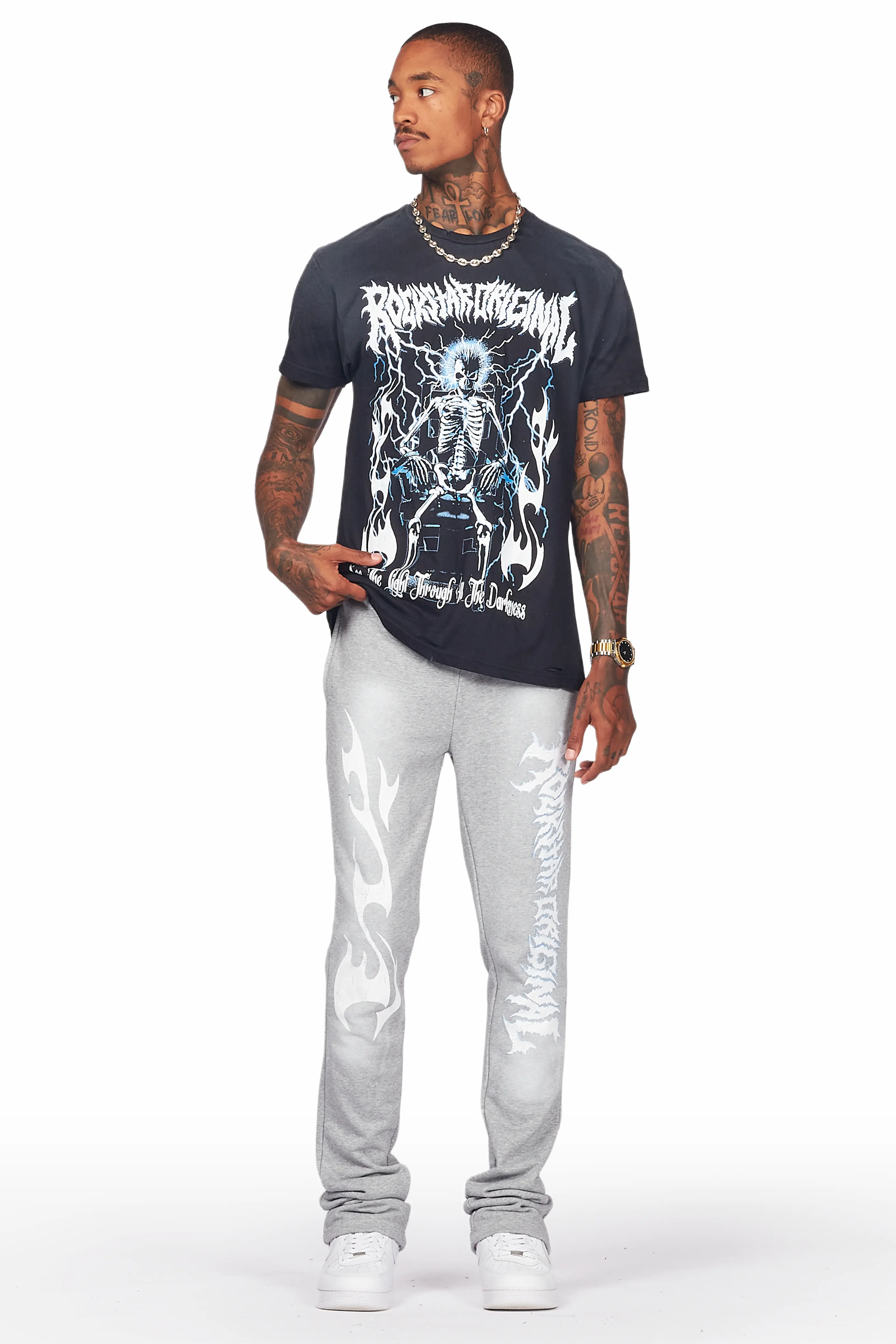 Exodus Black/Grey T-Shirt/Stacked Flare Track Pant Set - Image 2