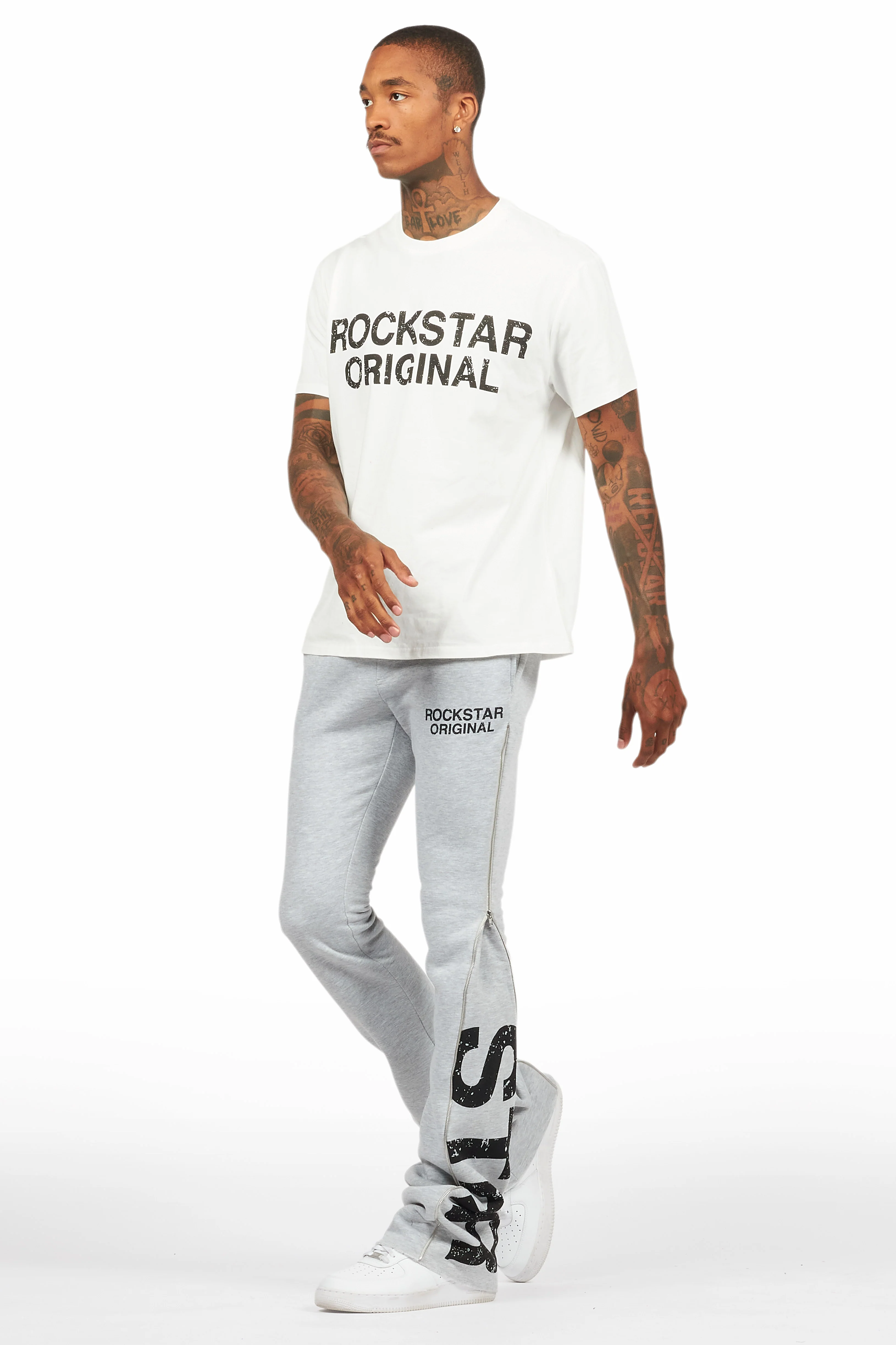 Deniska Heather Grey T-Shirt/Baggy Stacked Flare Track Set - Image 7