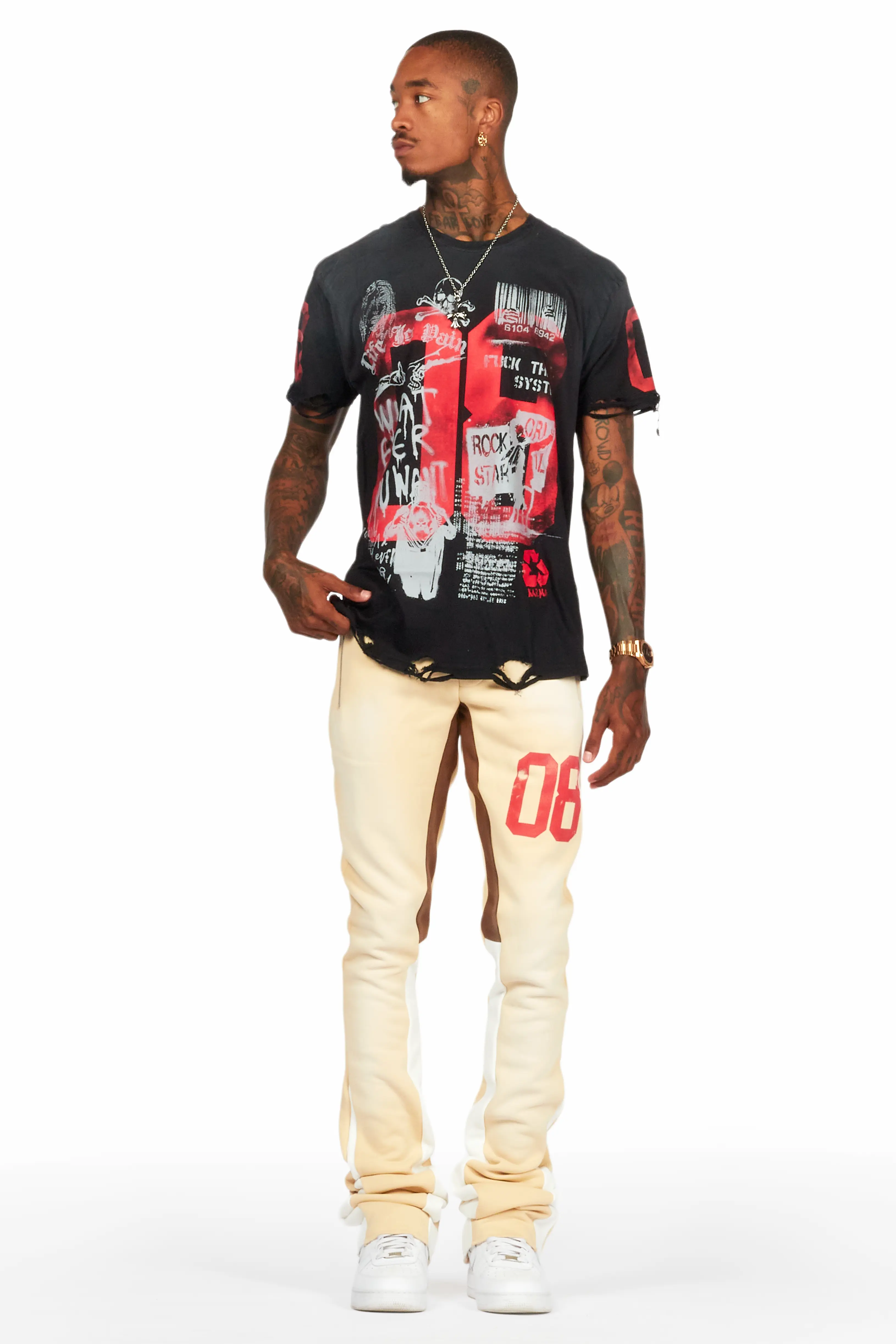 Grill Black/Beige Oversized T-Shirt/Super Stacked Track Set - Image 2