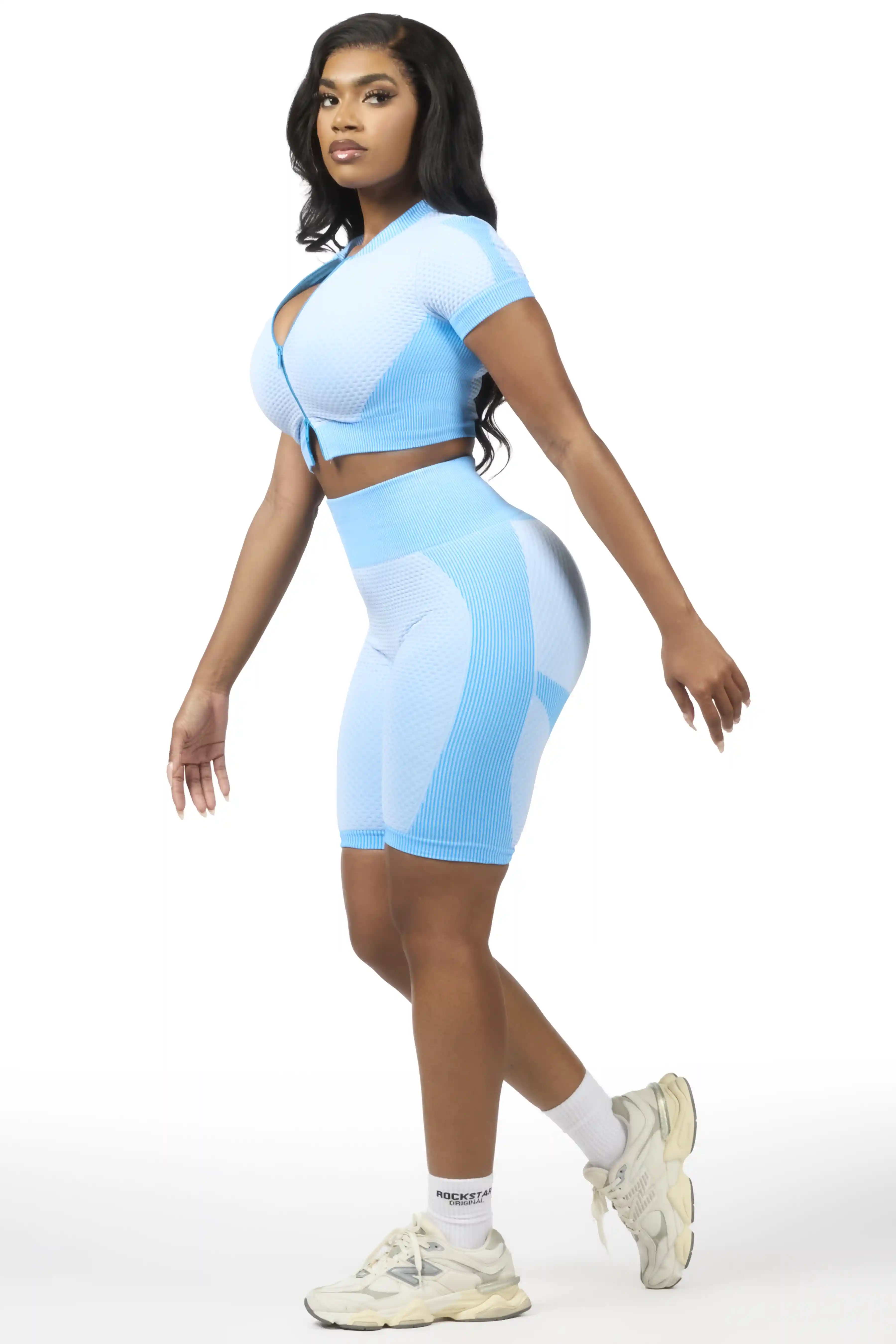 Gisselle Blue Zip Up Active Bike Short Set - Image 3