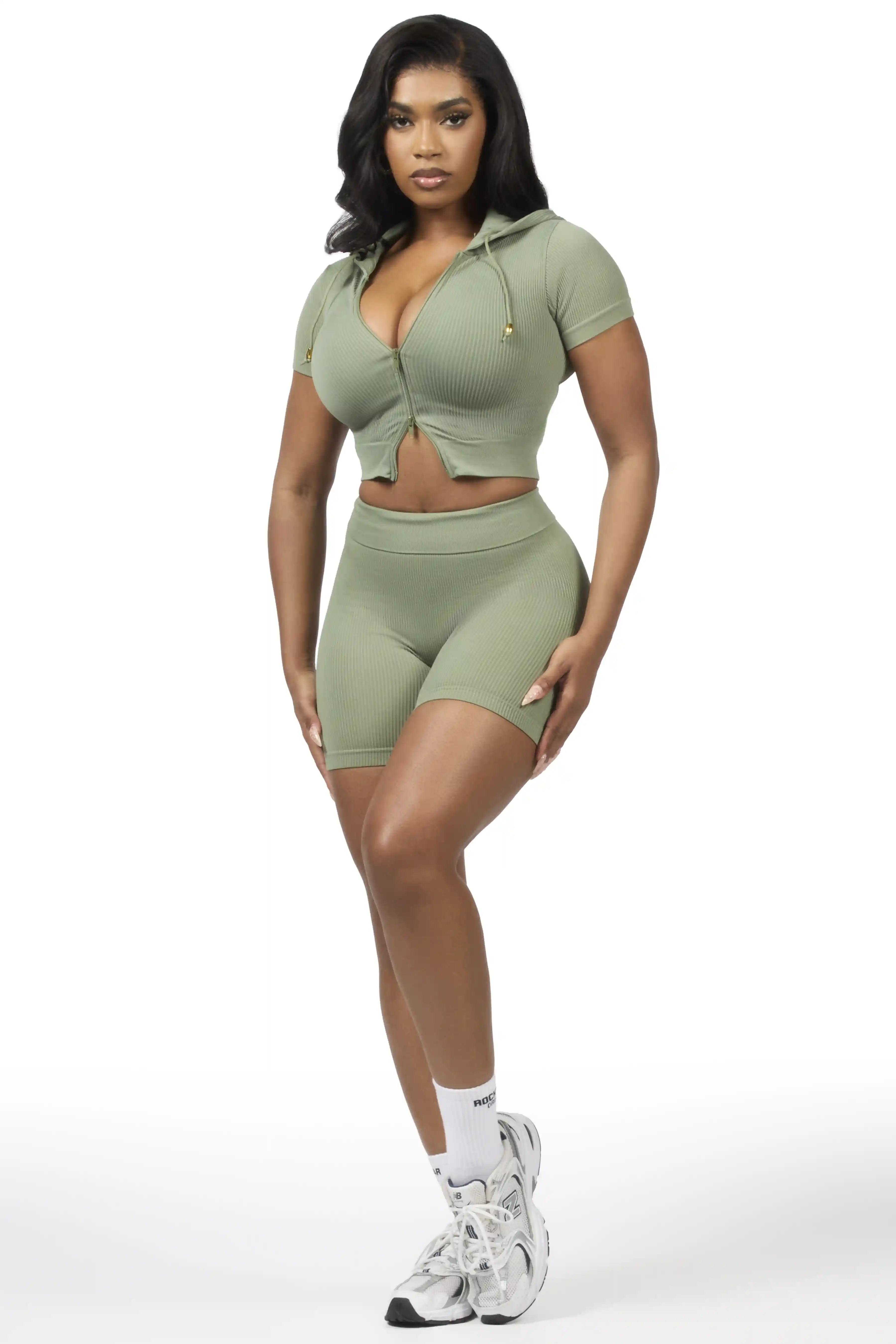 Tocsha Olive Zip Up Active Bike Short Set - Image 4