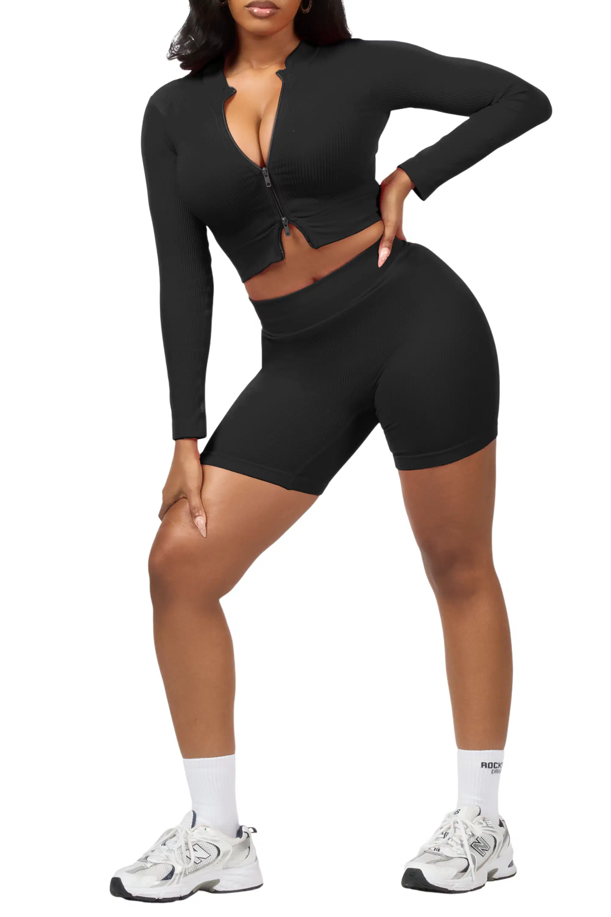 Candree Black Zip Up Active Bike Short Set - Image 2
