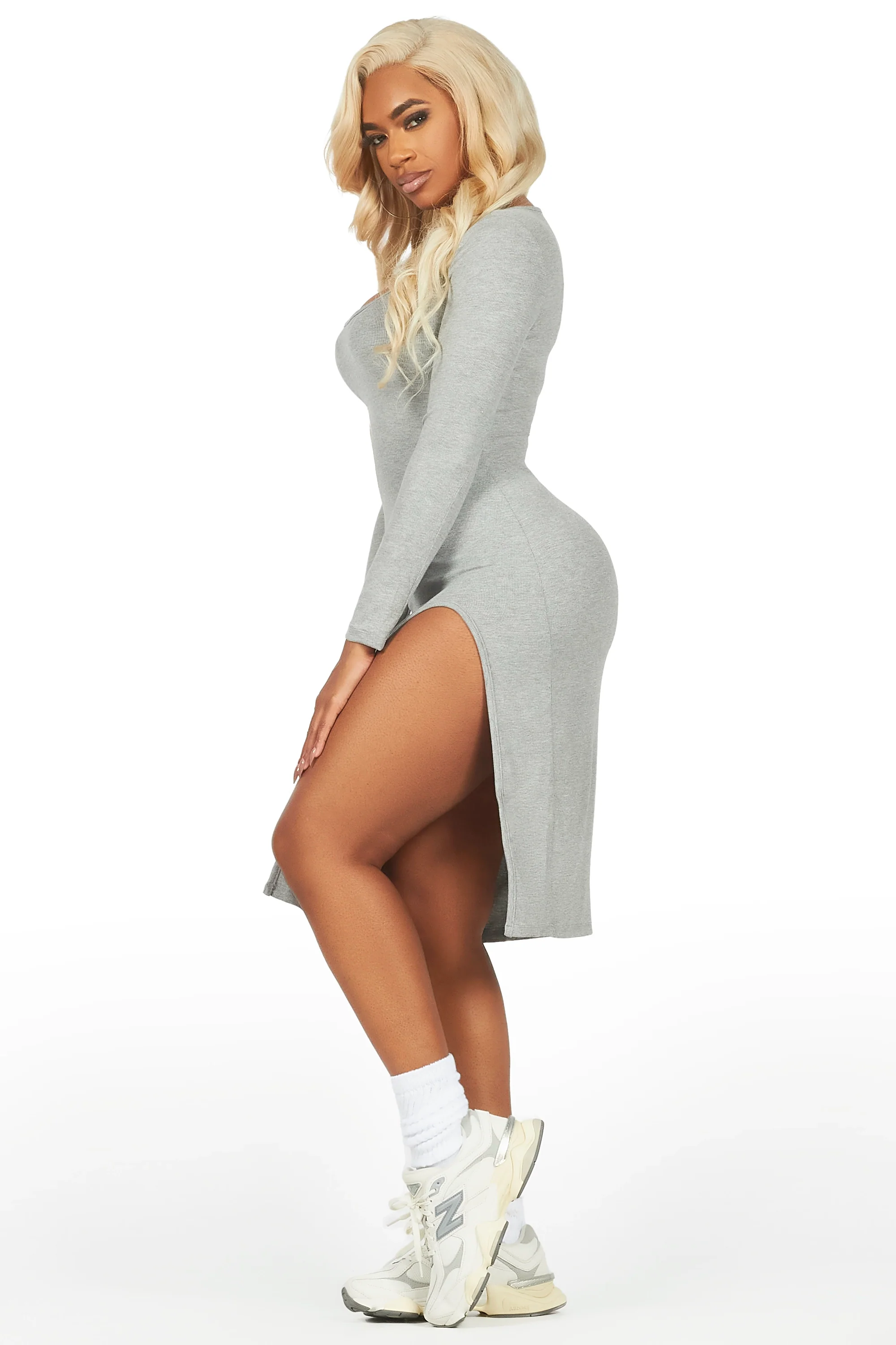 Dionna Heather Grey Basic Midi Dress - Image 3