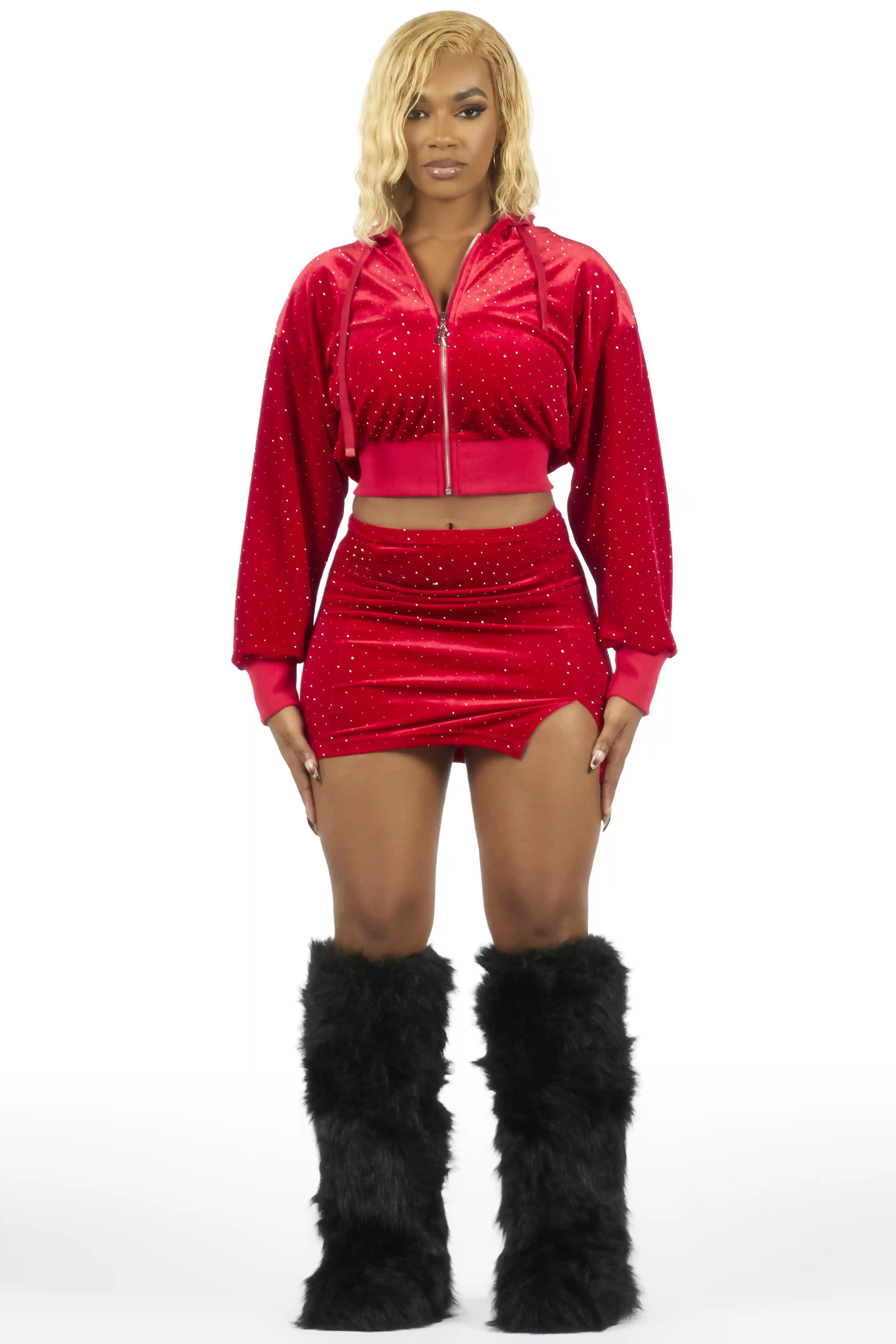 Naimah Red Rhinestone Velour Skirt Set - Image 2