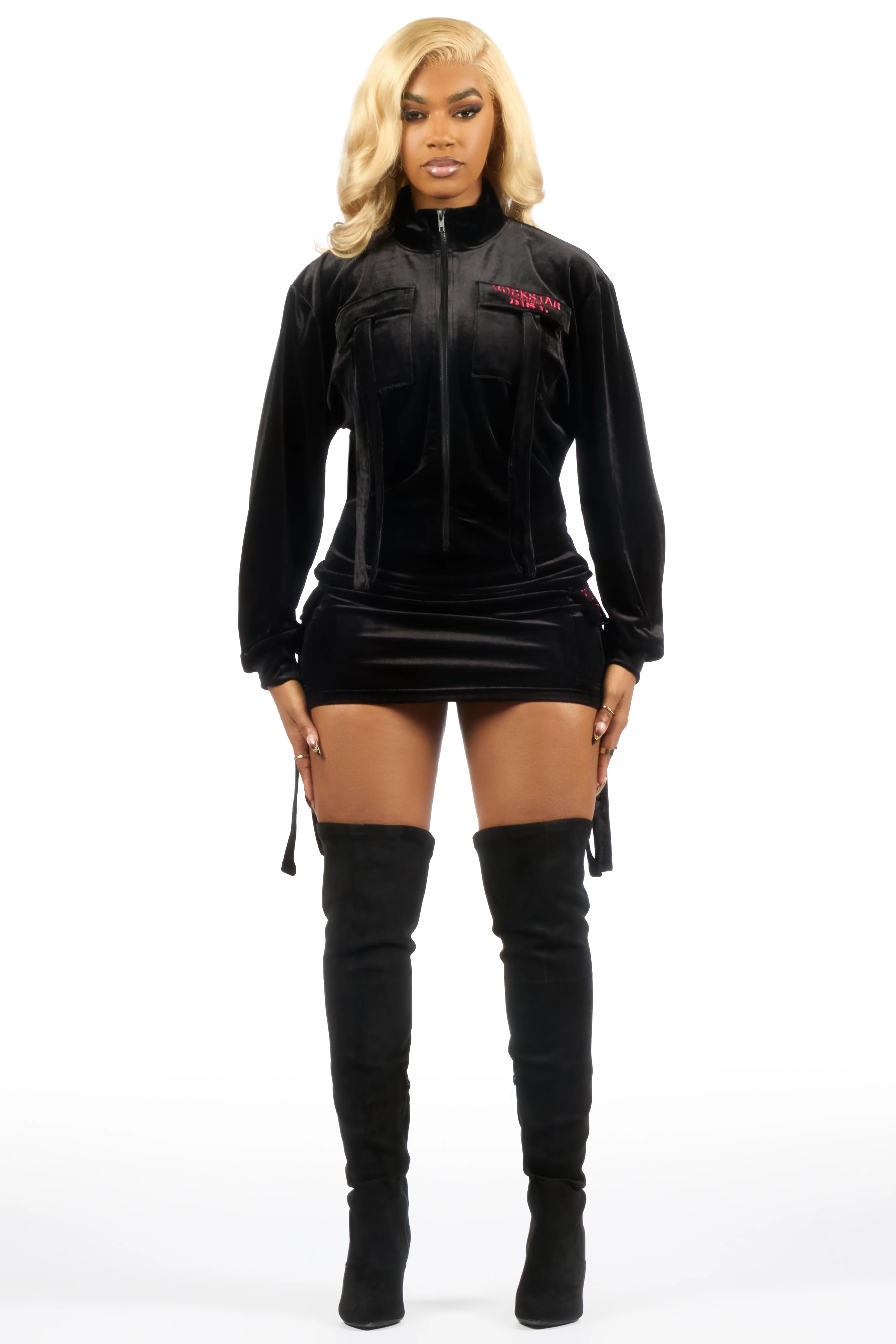 Tangela Black/Pink Cargo Velour Skirt Set - Image 4