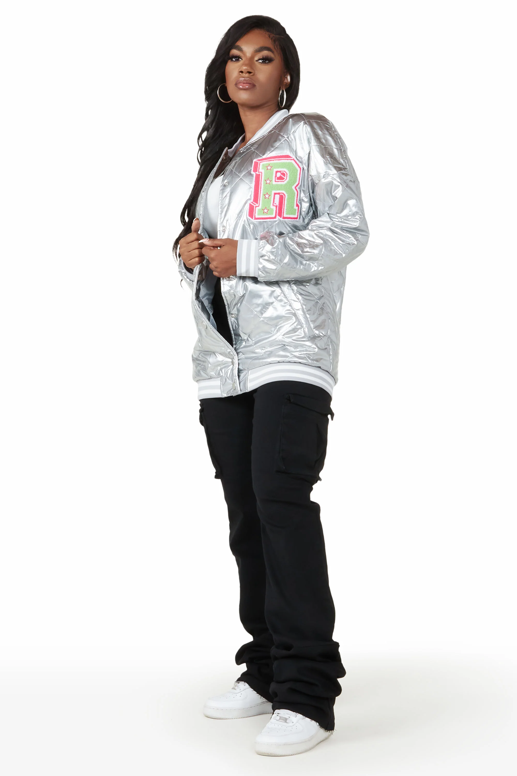 Eliana Silver Oversized Varsity Jacket - Image 3