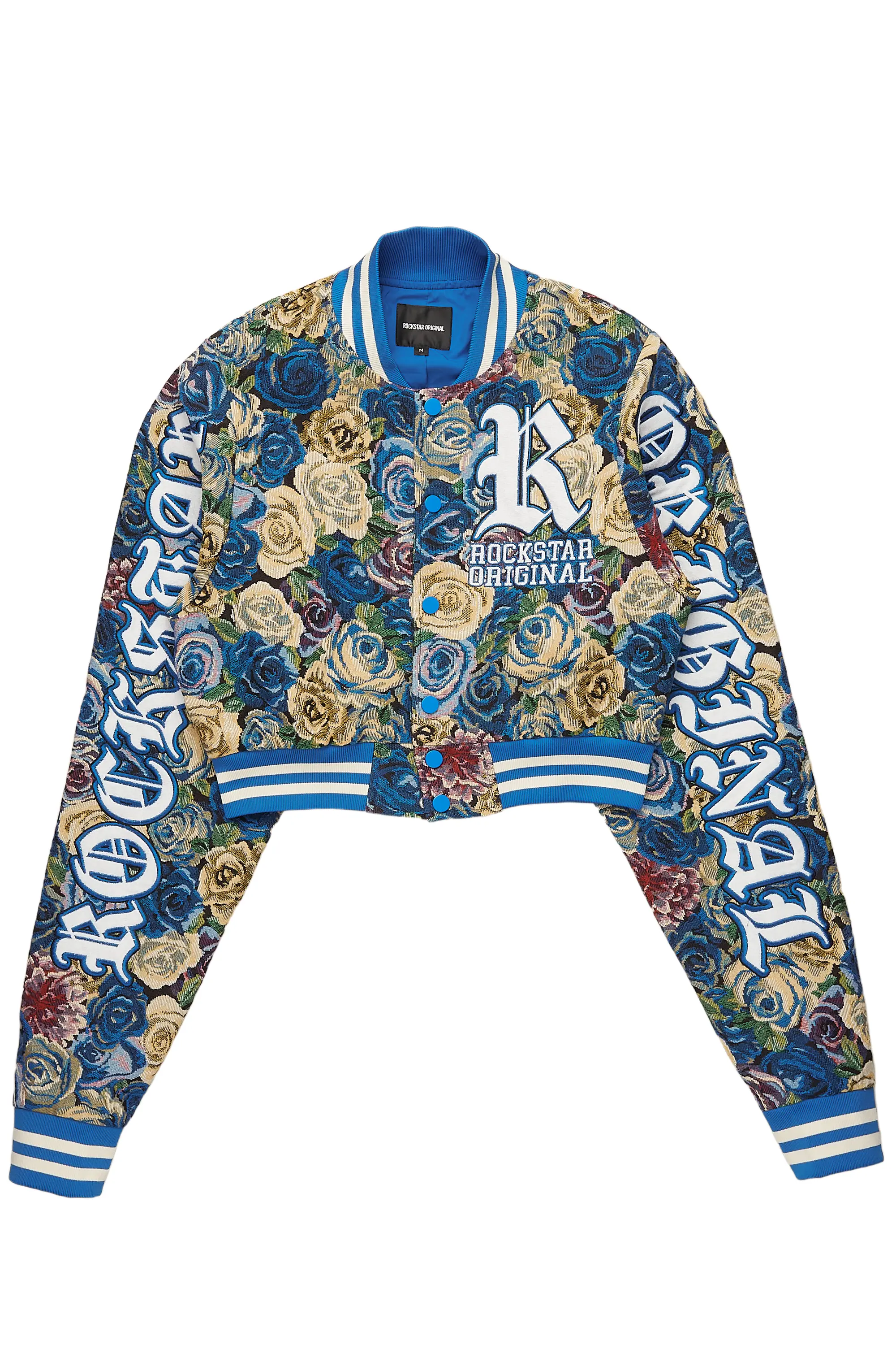 Kyiori Blue Crop Tapestry Varsity Jacket - Image 2