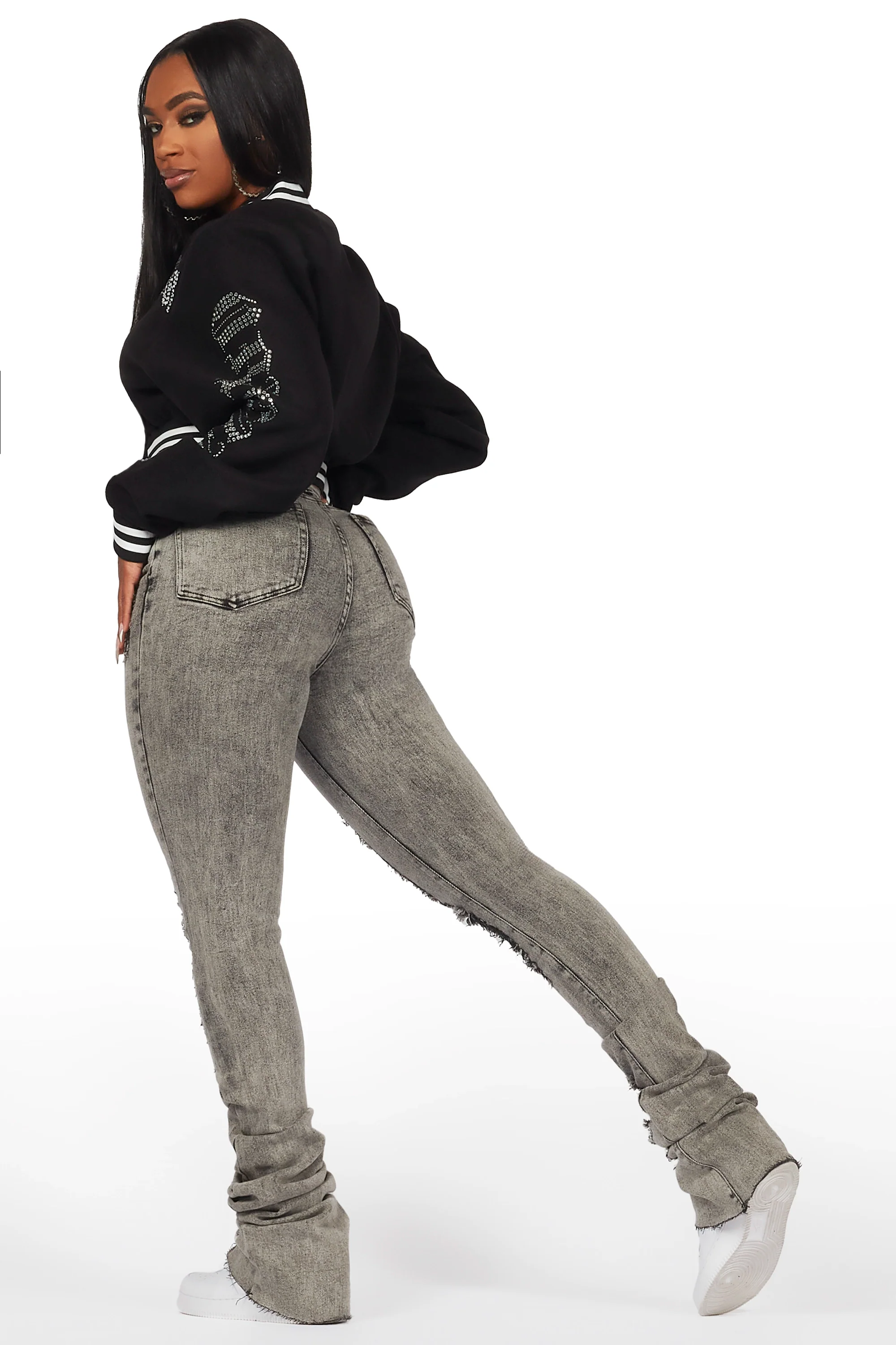 Gianni Black Crop Rhinestone Varsity Jacket - Image 12